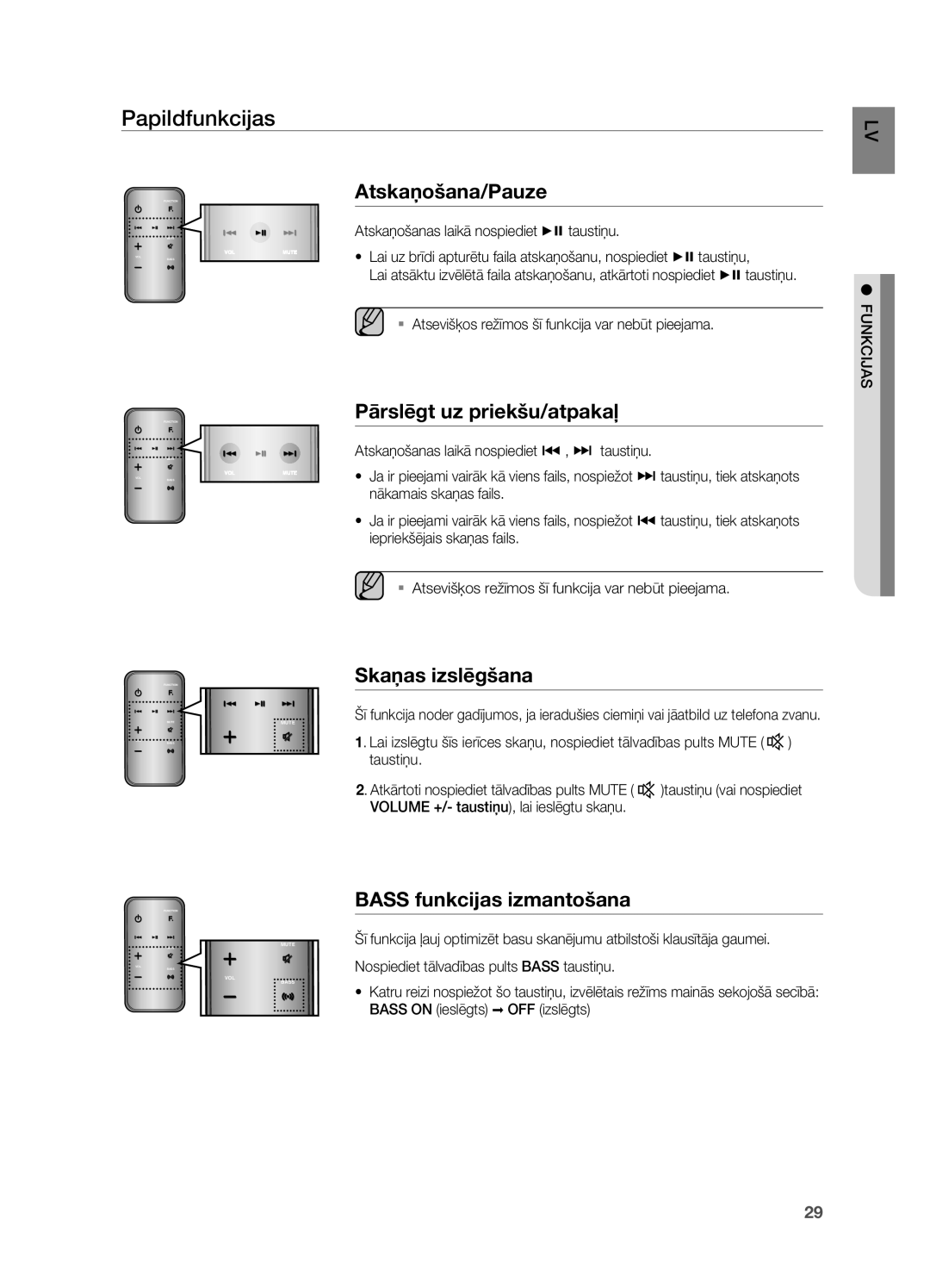 Samsung DA-E750/EN manual Papildfunkcijas, Bass funkcijas izmantošana 