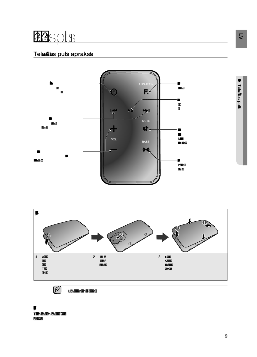 Samsung DA-E750/EN manual Tālvadības pults apraksts, Baterijas ievietošana tālvadības pultī 