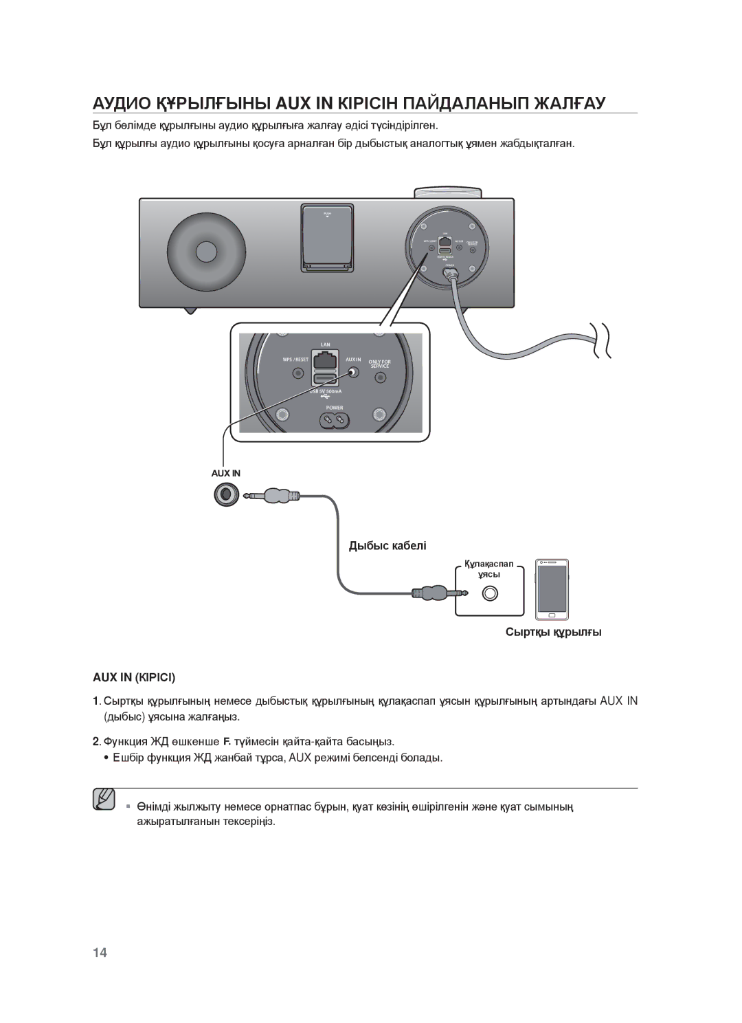 Samsung DA-E750/RU manual Ⱥудиɉ ҚҰɊЫЛҒЫɇЫ AUX in КȱɊȱɋȱɇ ПȺɃДȺЛȺɇЫП Жⱥлғⱥу, Дыбыɫ кɚбɟлɿ, Ɋыɪтқы құɪылғы AUX in КȱɊȱɋȱ 