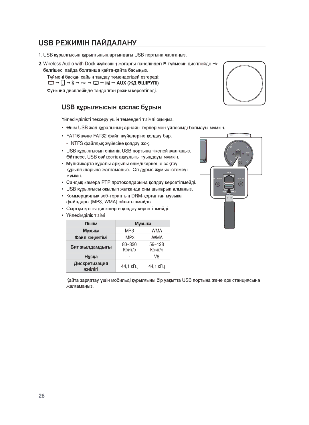 Samsung DA-E750/RU manual USB ɊȿЖИɆȱɇ ПȺɃДȺЛȺɇУ, USB құɪылғыɫын қɨɫпɚɫ бұɪын, Пɿшɿм Ɇɭзыкɚ, Диɫкɪɟтизɚция 