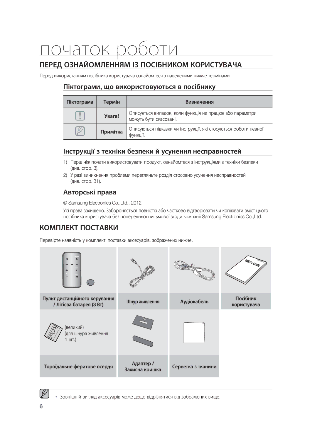 Samsung DA-E750/RU manual Початок роботи, Перед Ознайомленням ІЗ Посібником Користувача, Піктограма, Визначення 