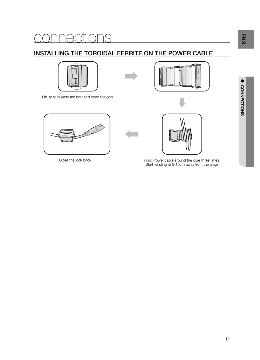 Samsung DA-E750/SQ manual Connections, InstaLLing tHe tOrOiDaL ferrite On tHe POWer caBLe, ConnEctions 