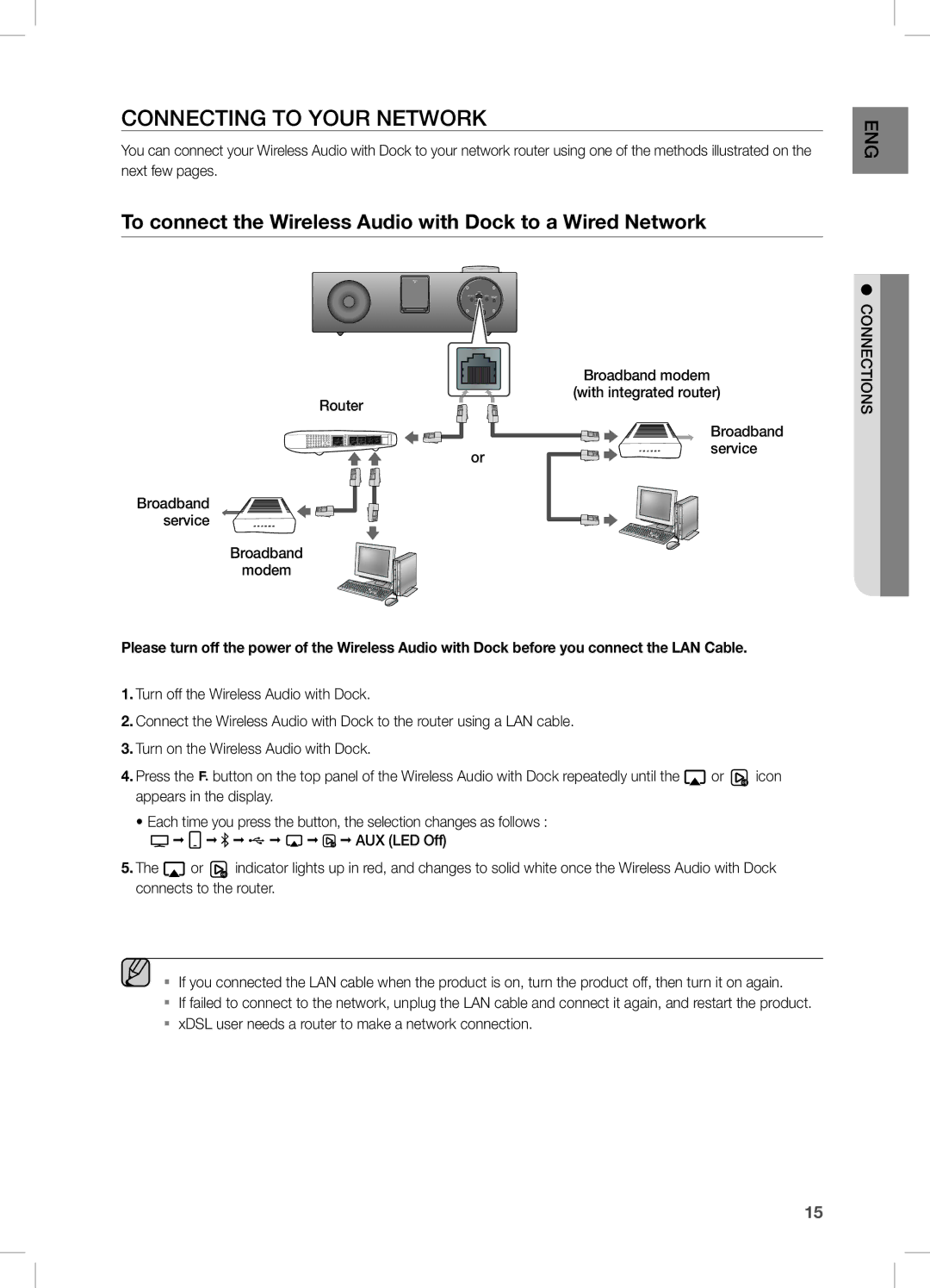 Samsung DA-E750/SQ manual COnnecting tO yOUr netWOrK, To connect the wireless Audio with Dock to a wired network, Service 