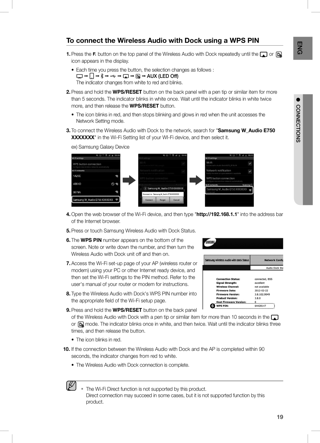 Samsung DA-E750/SQ manual To connect the Wireless Audio with Dock using a WPS PIN 