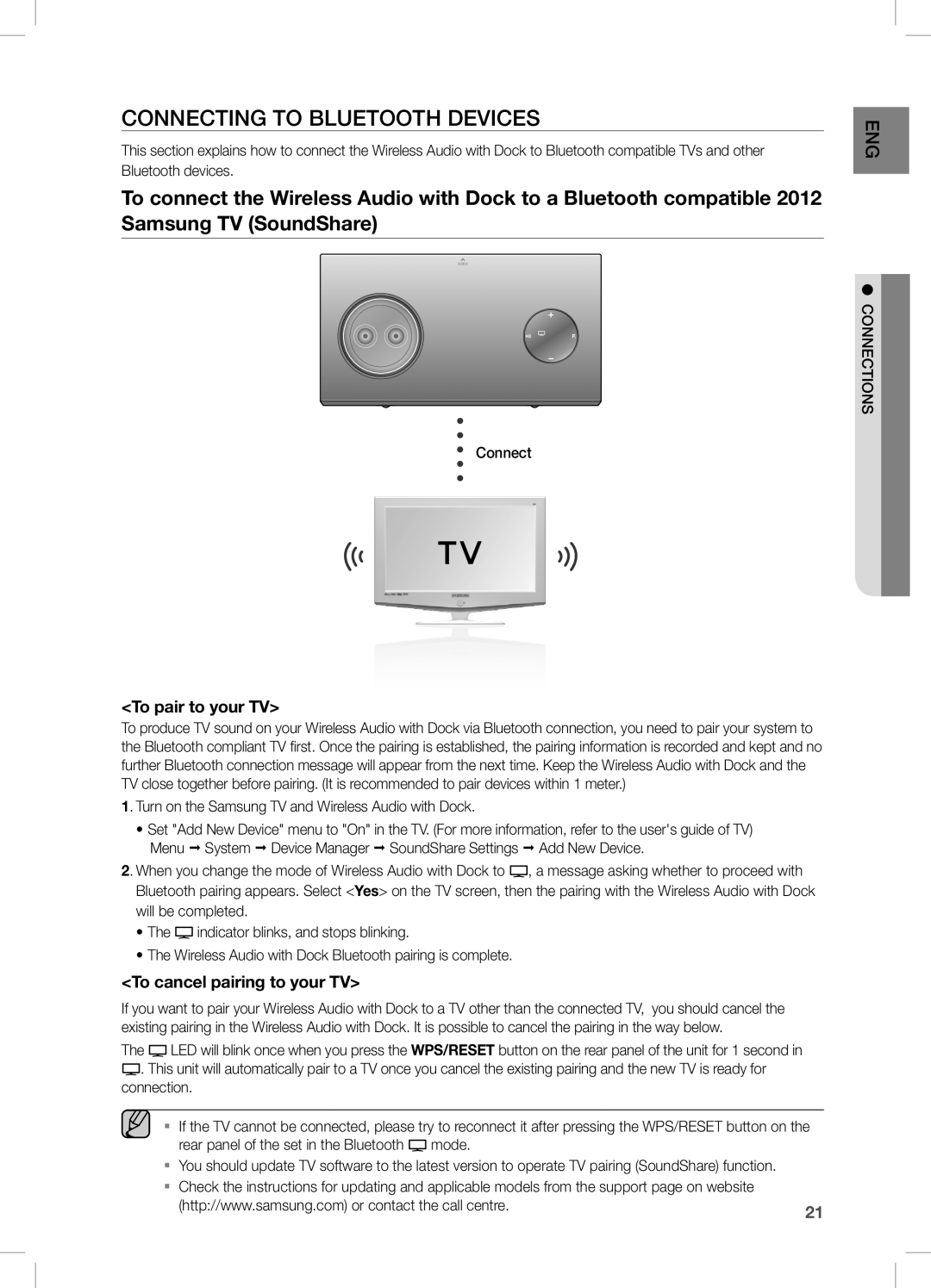 Samsung DA-E750/SQ manual COnnecting tO BLUetOOtH DeVices, To pair to your tv, To cancel pairing to your tv, Connect 