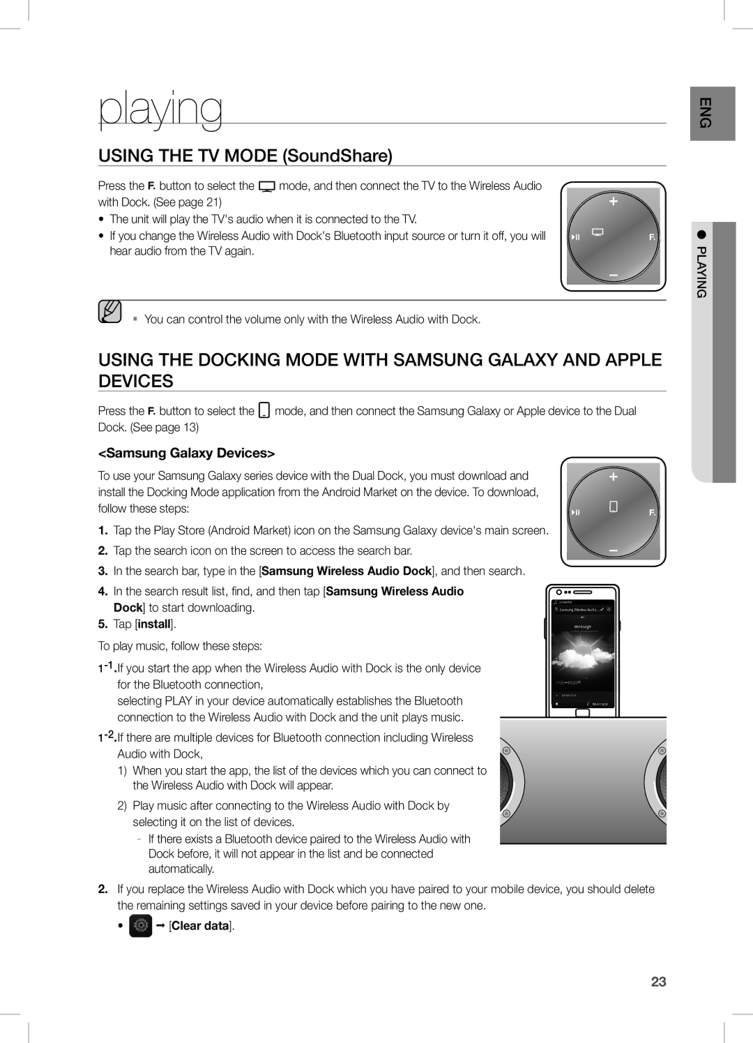 Samsung DA-E750/SQ manual Playing, Using tHe tV MODe soundshare, Samsung galaxy Devices, Tap install, Clear data 