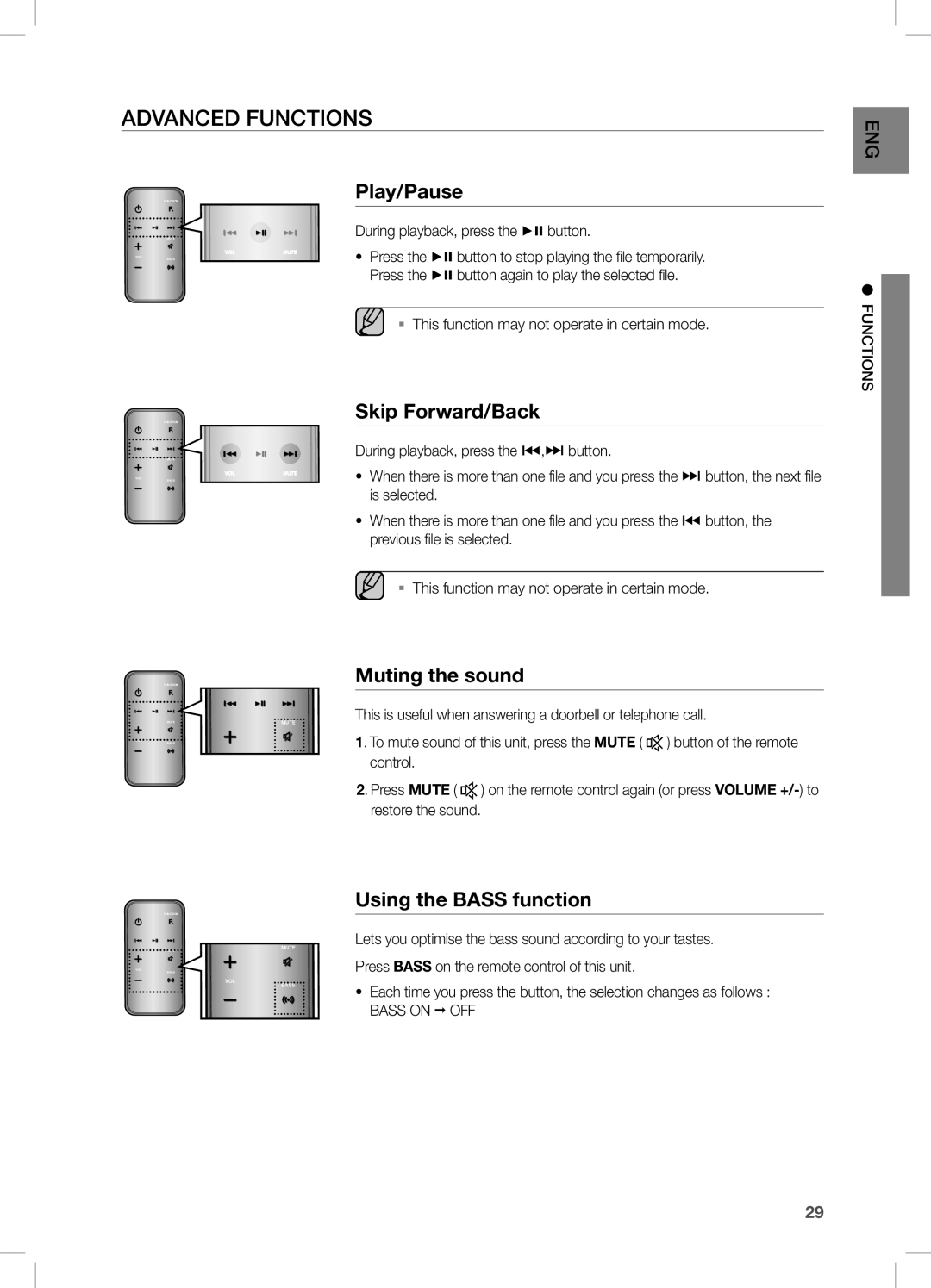 Samsung DA-E750/SQ manual Advanced functions, Muting the sound, This is useful when answering a doorbell or telephone call 