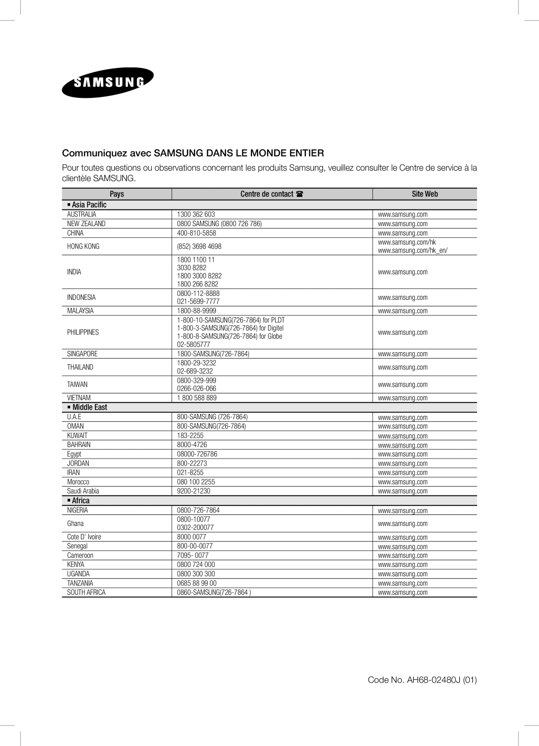 Samsung DA-E750/UM, DA-E750/KE, DA-E750/ZN manual Communiquez avec Samsung Dans LE Monde Entier, Code No. AH68-02480J 