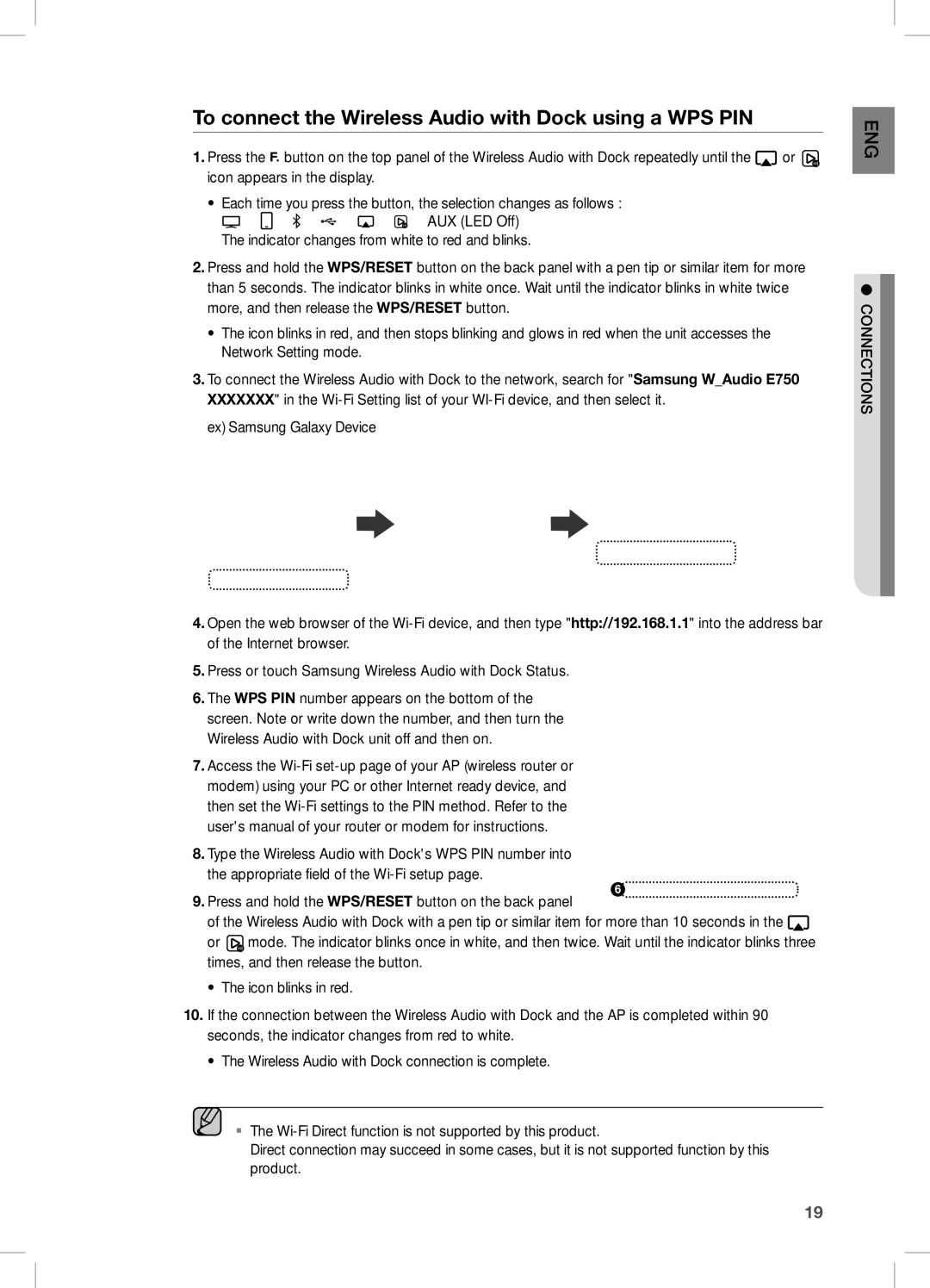 Samsung DA-E750/KE, DA-E750/UM, DA-E750/ZN manual To connect the Wireless Audio with Dock using a WPS PIN 