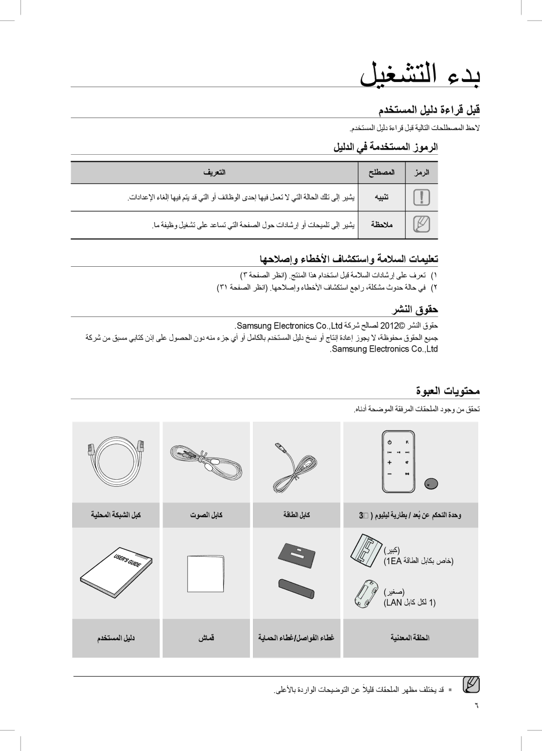 Samsung DA-E750/KE, DA-E750/UM, DA-E750/ZN manual ليغشتلا ءدب, مدختسملا ليلد ةءارق لبق, ةوبعلا تايوتحم 