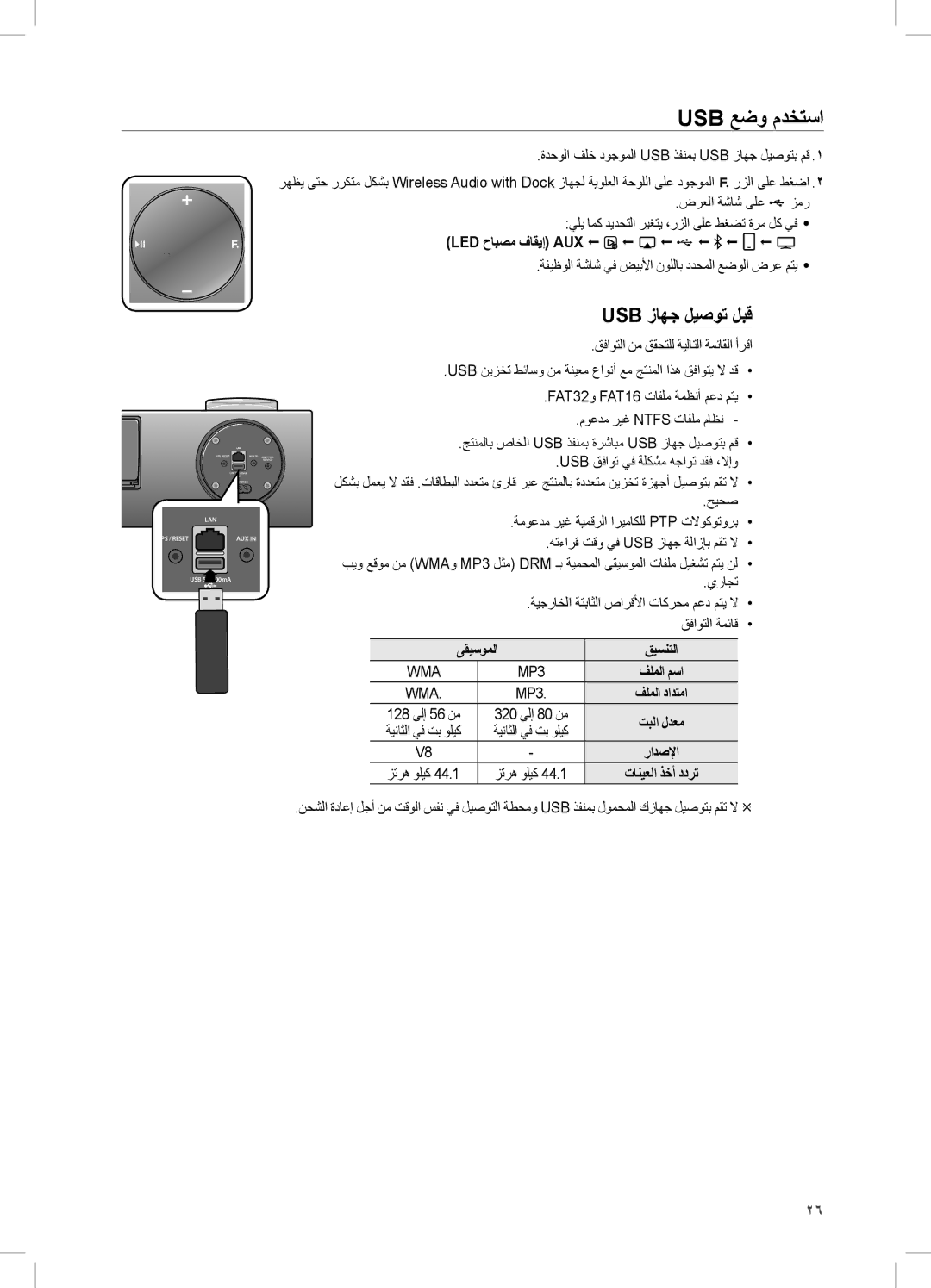 Samsung DA-E750/UM, DA-E750/KE, DA-E750/ZN manual Usb عضو مدختسا, Usb زاهج ليصوت لبق, ىقيسوملا قيسنتلا, تبلا لدعم 