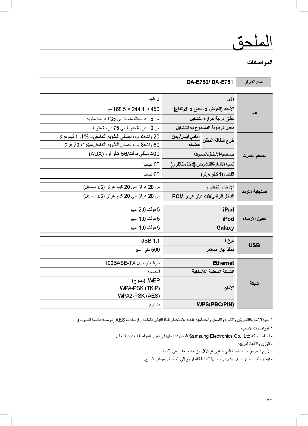 Samsung DA-E750/UM, DA-E750/KE, DA-E750/ZN manual قحلملا, تافصاوملا 