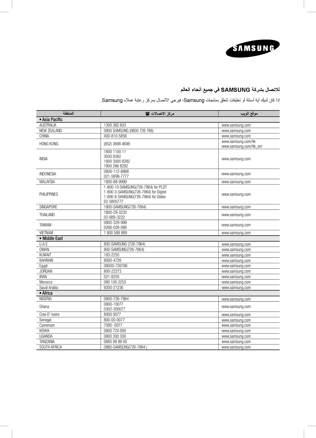 Samsung DA-E750/ZN, DA-E750/UM, DA-E750/KE ملاعلا ءاحنأ عيمج يف Samsung ةكرشب لاصتلال, ةقطنملا  تلااصتلاا زكرم بيولا عقوم 