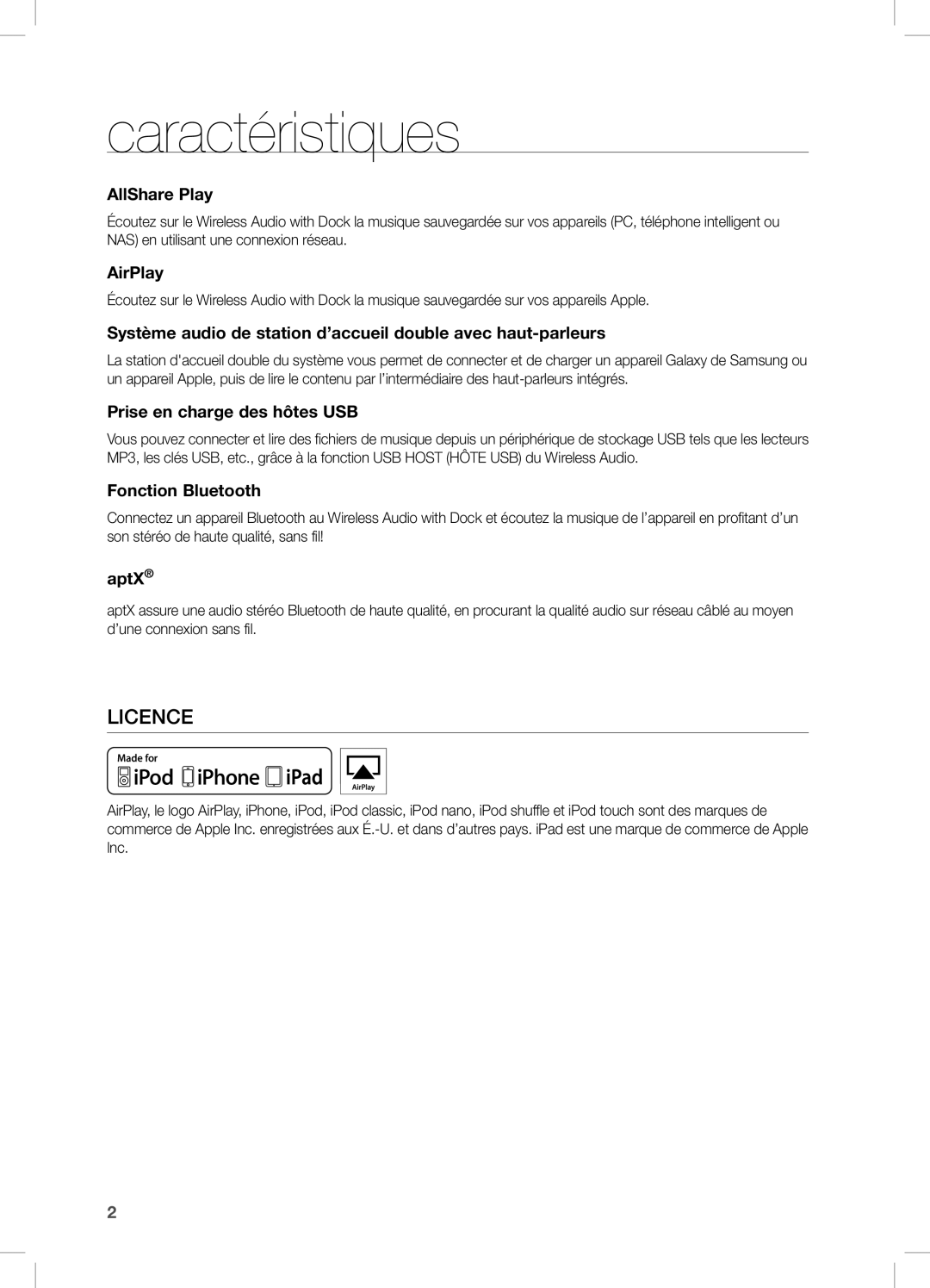 Samsung DA-E750/KE, DA-E750/UM, DA-E750/ZN manual Caractéristiques, Prise en charge des hôtes USB, Fonction Bluetooth 