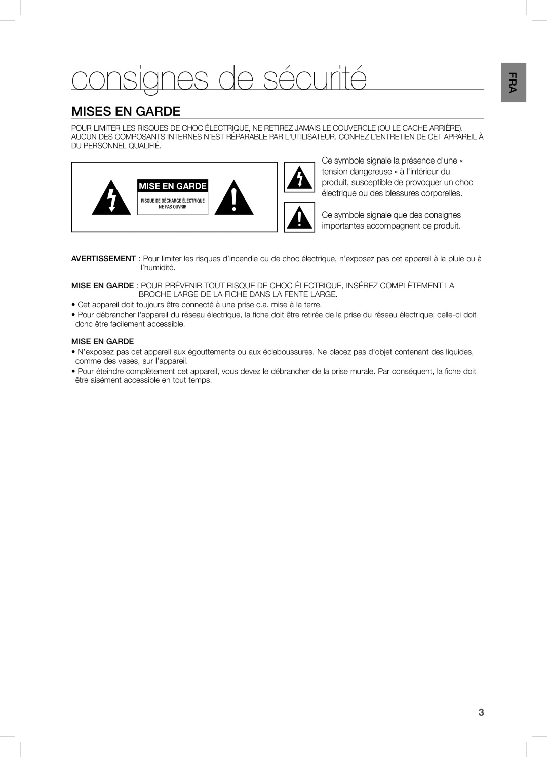 Samsung DA-E750/ZN, DA-E750/UM, DA-E750/KE manual Consignes de sécurité, Mises EN Garde 