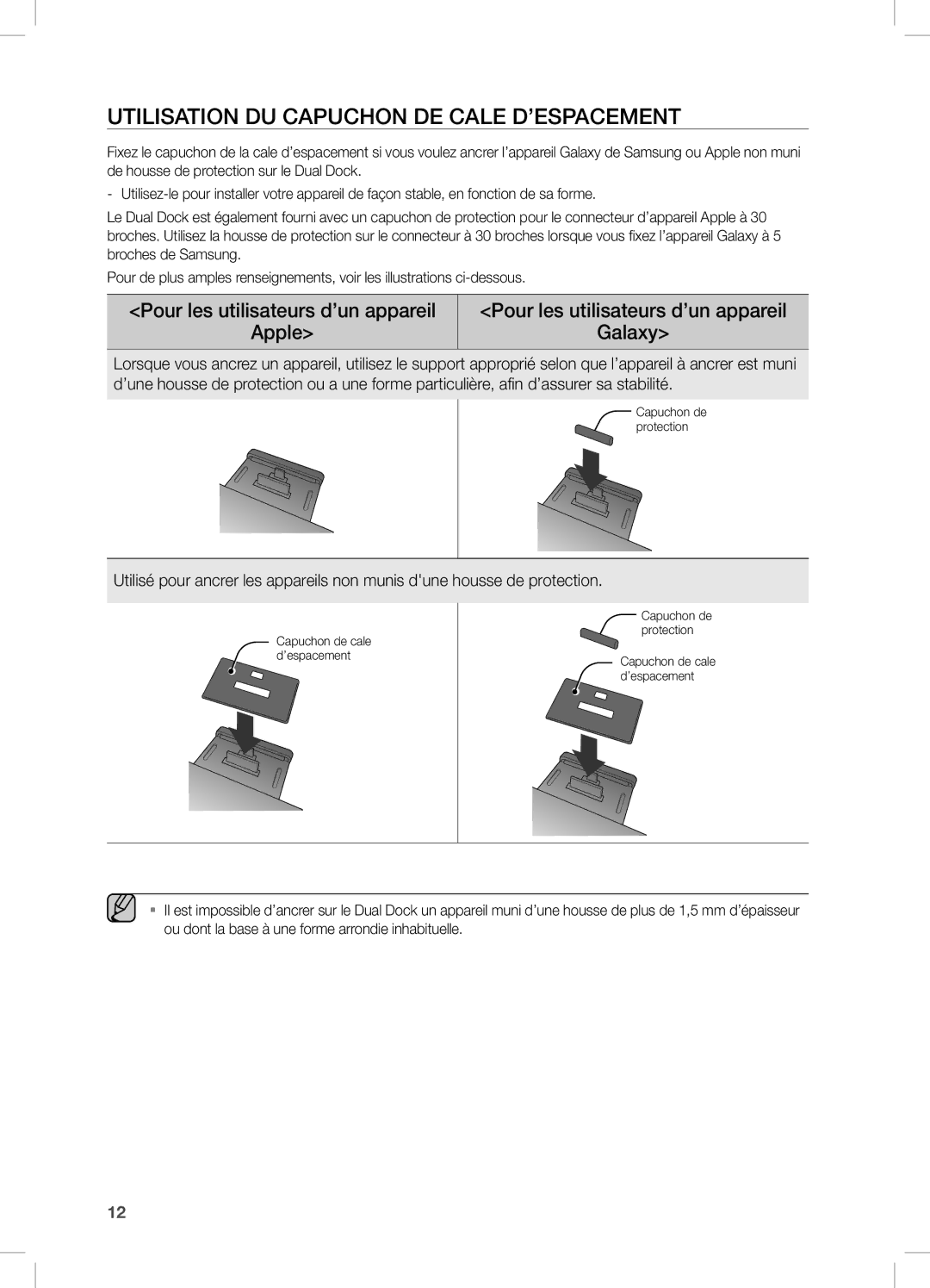 Samsung DA-E750/ZN manual UTiLiSATiOn DU cAPUcHOn De cALe D’eSPAceMenT, Pour les utilisateurs d’un appareil Apple Galaxy 