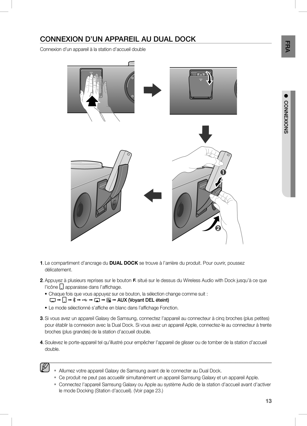 Samsung DA-E750/UM, DA-E750/KE COnneXiOn D’Un APPAReiL AU Dual DOcK, Connexion d’un appareil à la station d’accueil double 