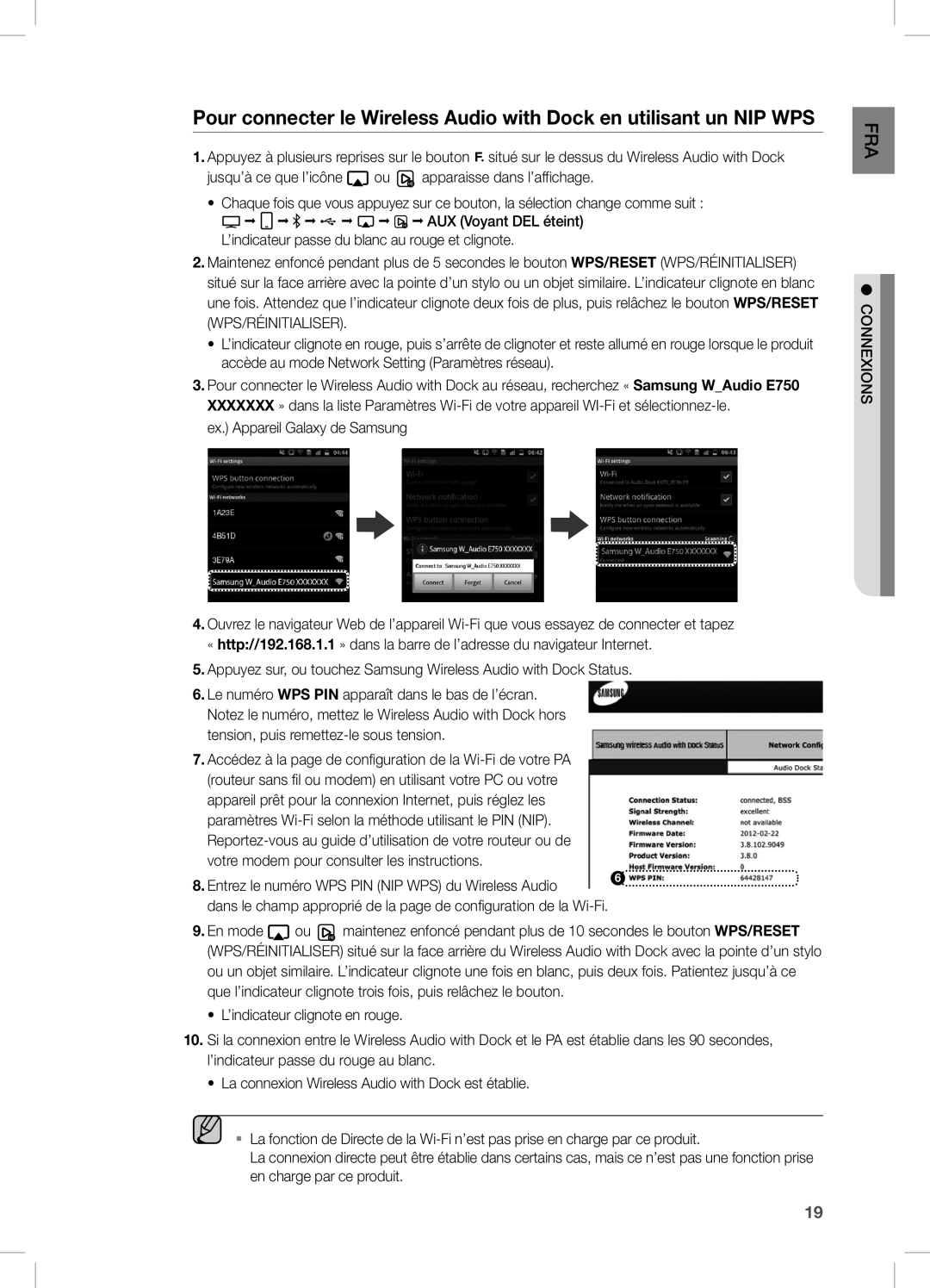 Samsung DA-E750/UM, DA-E750/KE manual Ex. Appareil Galaxy de Samsung, Entrez le numéro WPS PIN NIP WPS du Wireless Audio 