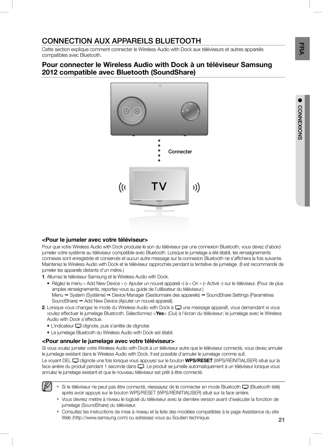 Samsung DA-E750/ZN, DA-E750/UM manual COnnecTiOn AUX APPAReiLS BLUeTOOTH, Pour le jumeler avec votre téléviseur, Connecter 