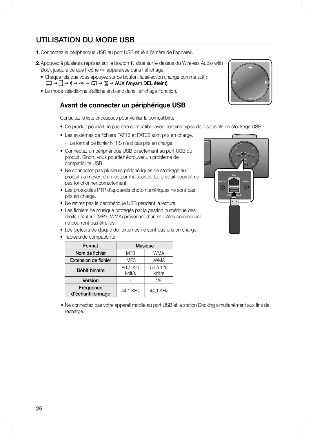 Samsung DA-E750/KE, DA-E750/UM, DA-E750/ZN manual UTiLiSATiOn DU MODe USB, Avant de connecter un périphérique USB, 56 à 