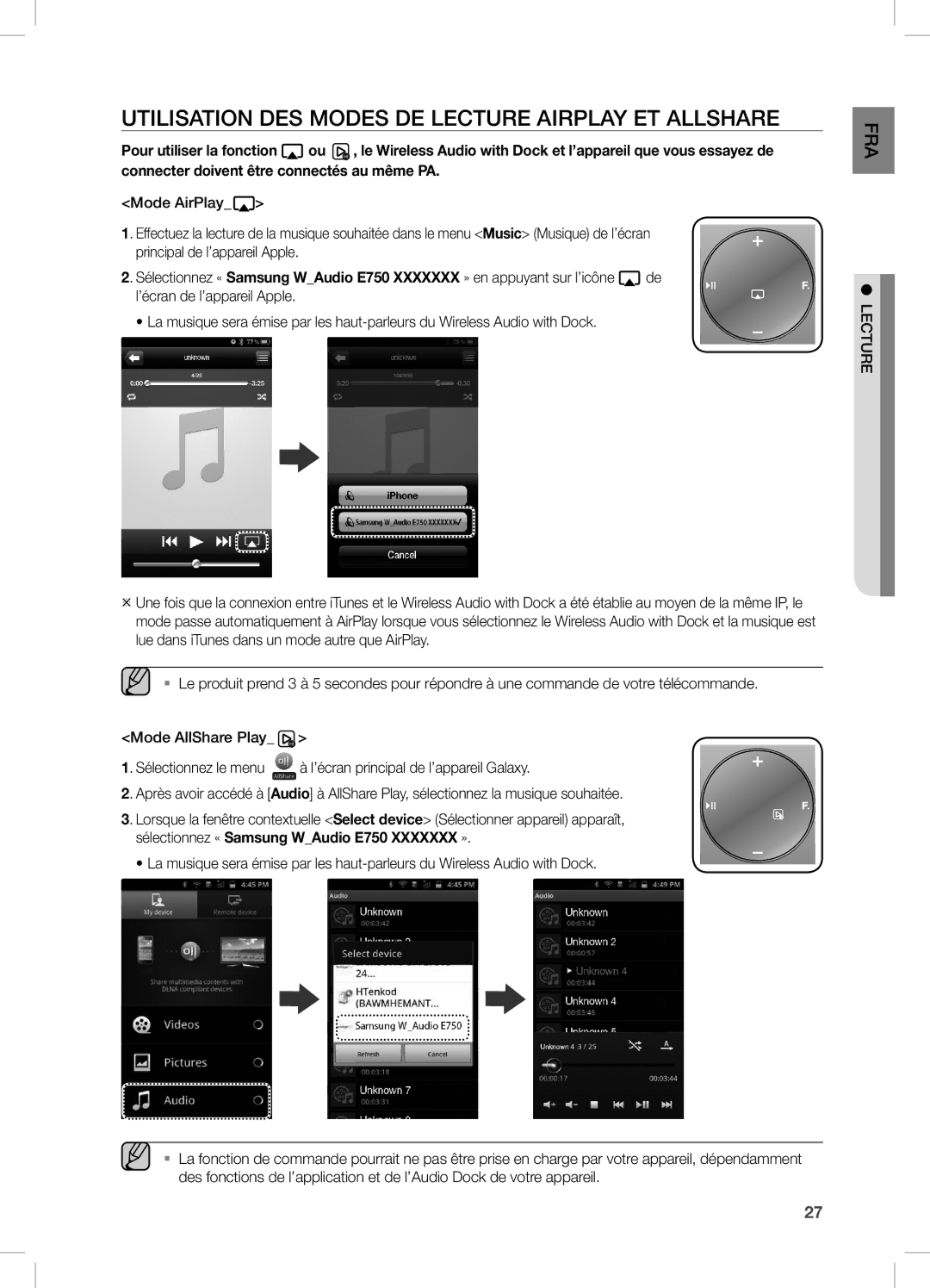 Samsung DA-E750/ZN, DA-E750/UM, DA-E750/KE manual UTiLiSATiOn DeS MODeS De LecTURe AiRPLAY eT ALLSHARe 