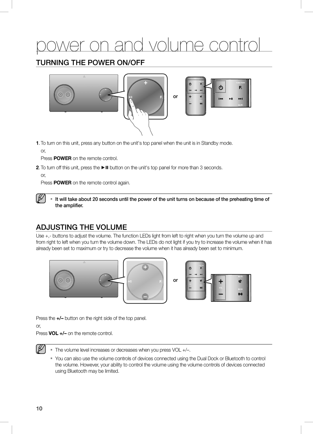 Samsung DA-E750/XV manual Power on and volume control, TUrning tHe POWer On/Off, ADJUsting tHe VOLUMe 