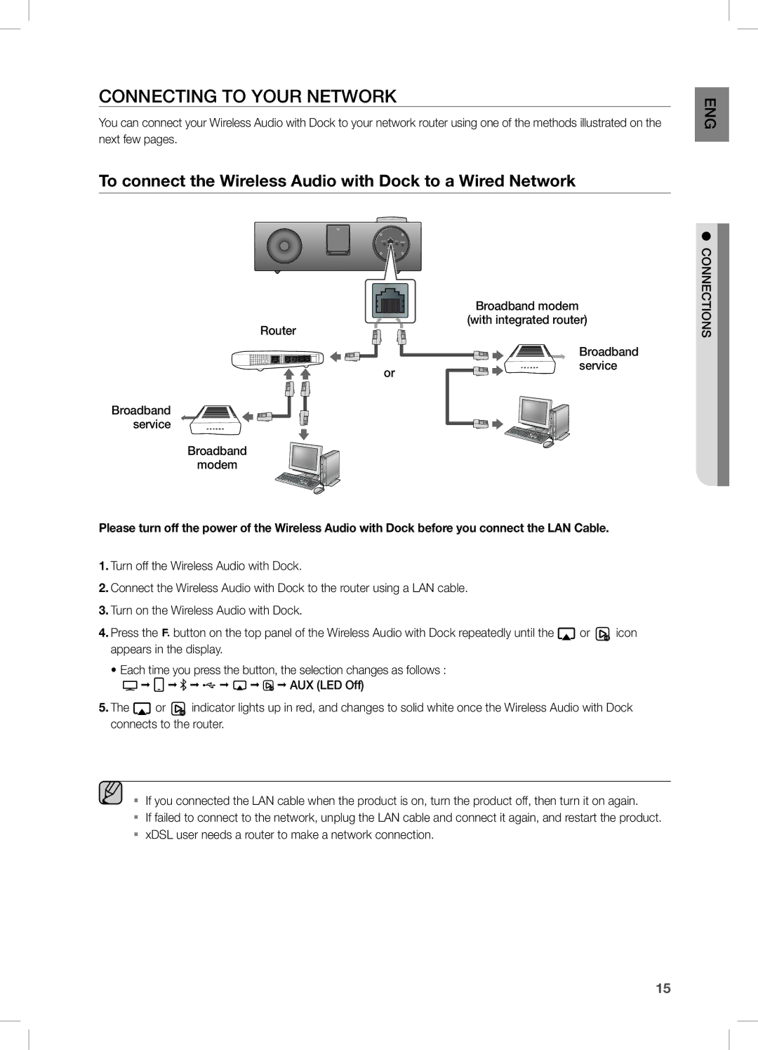 Samsung DA-E750/XV manual COnnecting tO yOUr netWOrK, To connect the wireless Audio with Dock to a wired network, Service 