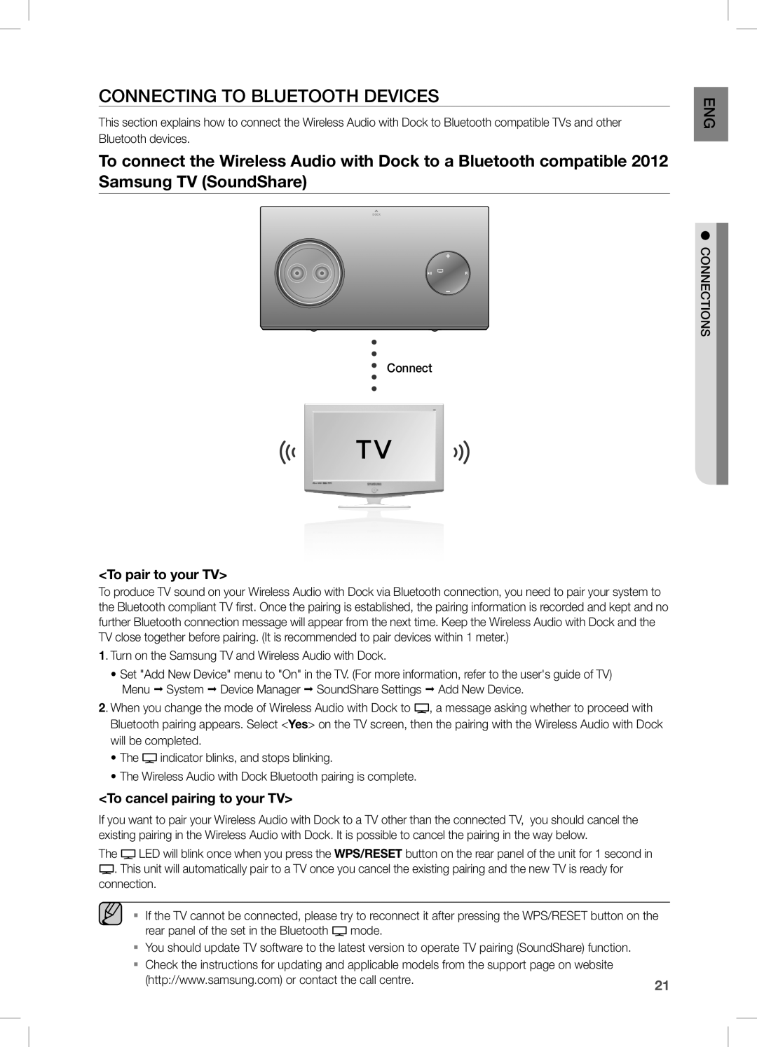 Samsung DA-E750/XV manual COnnecting tO BLUetOOtH DeVices, To pair to your tv, To cancel pairing to your tv, Connect 