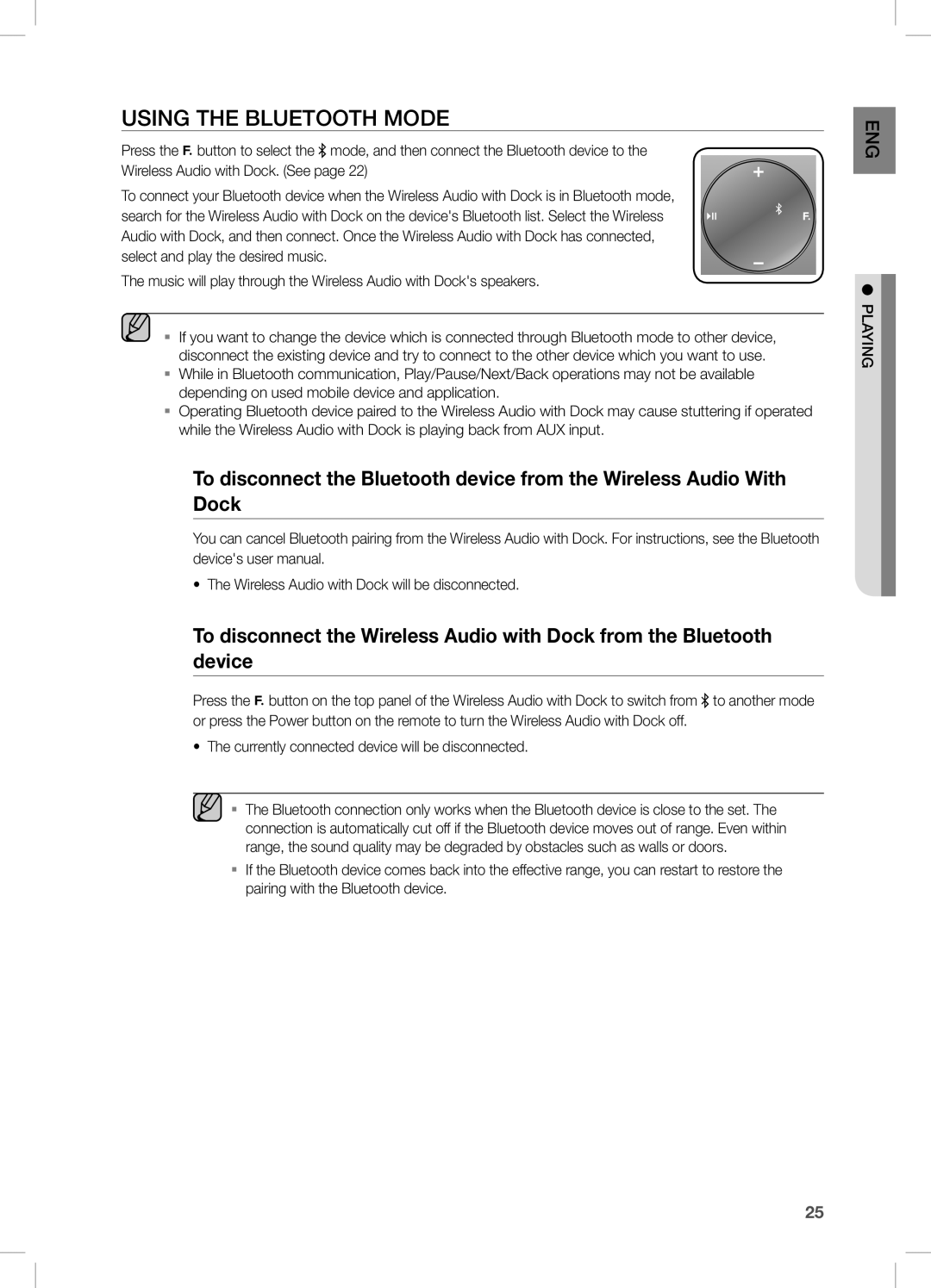 Samsung DA-E750/XV manual Using tHe BLUetOOtH MODe, Wireless Audio with Dock will be disconnected 