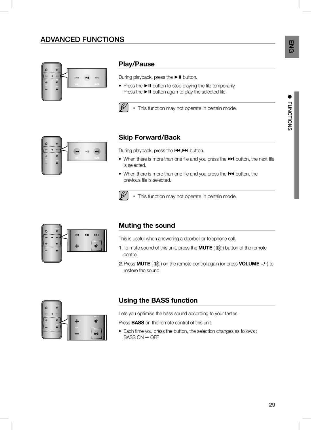 Samsung DA-E750/XV manual Advanced functions, Muting the sound, This is useful when answering a doorbell or telephone call 