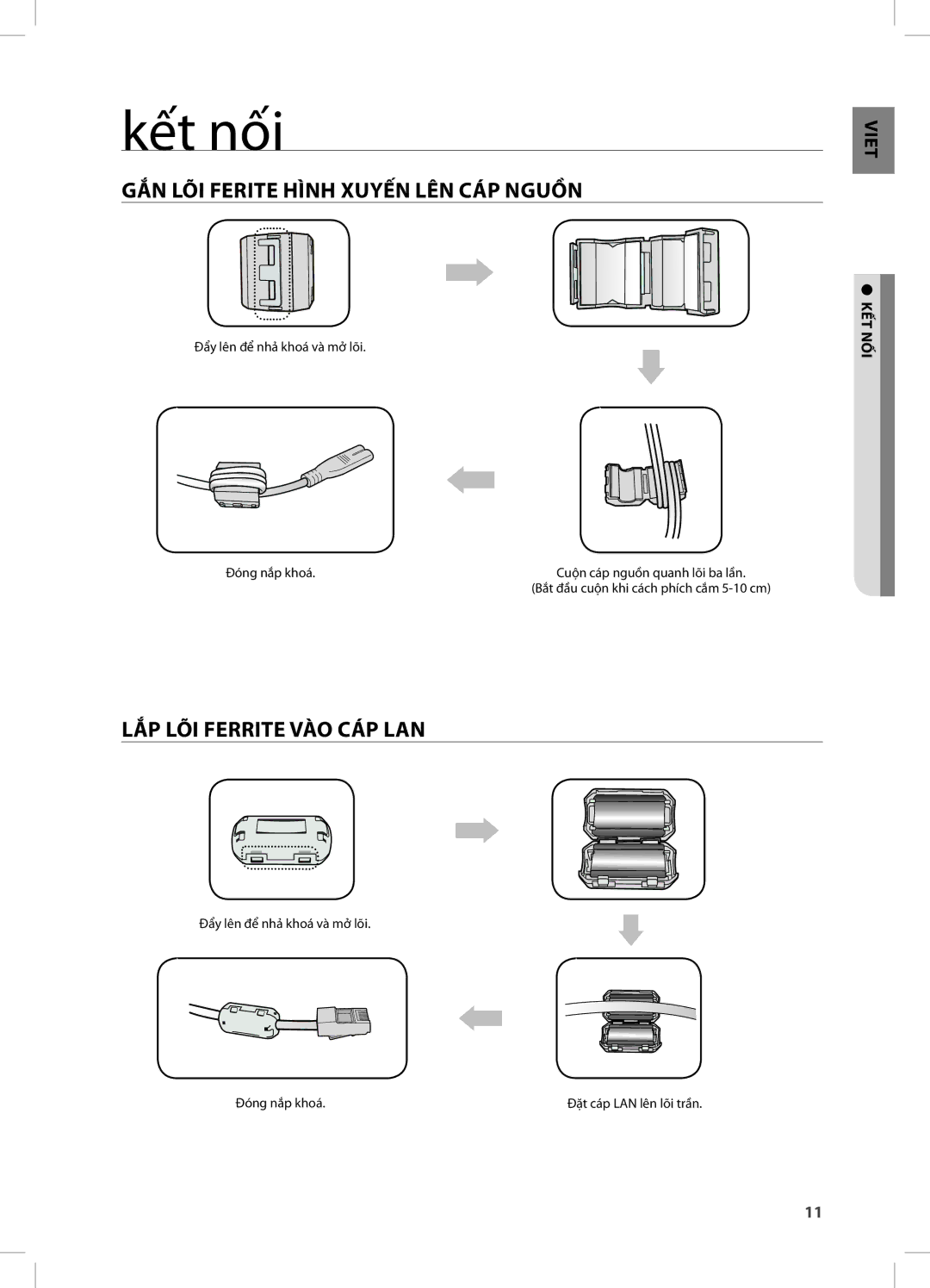 Samsung DA-E750/XV manual Kế t nối, GẮ N LÕi FeRiTe Hình XUyẾ N LÊN CÁ P NGUỒ N, LẮ P LÕi FeRRiTe vÀO CÁ P LAN 