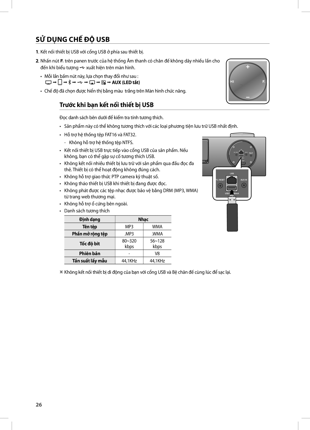 Samsung DA-E750/XV manual SỬ Dụng CHẾ ĐỘ USB, Trước khi bạ n kế t nố i thiế t bị USB, Đị nh dạ ng Nhạ c Tên tệ p 