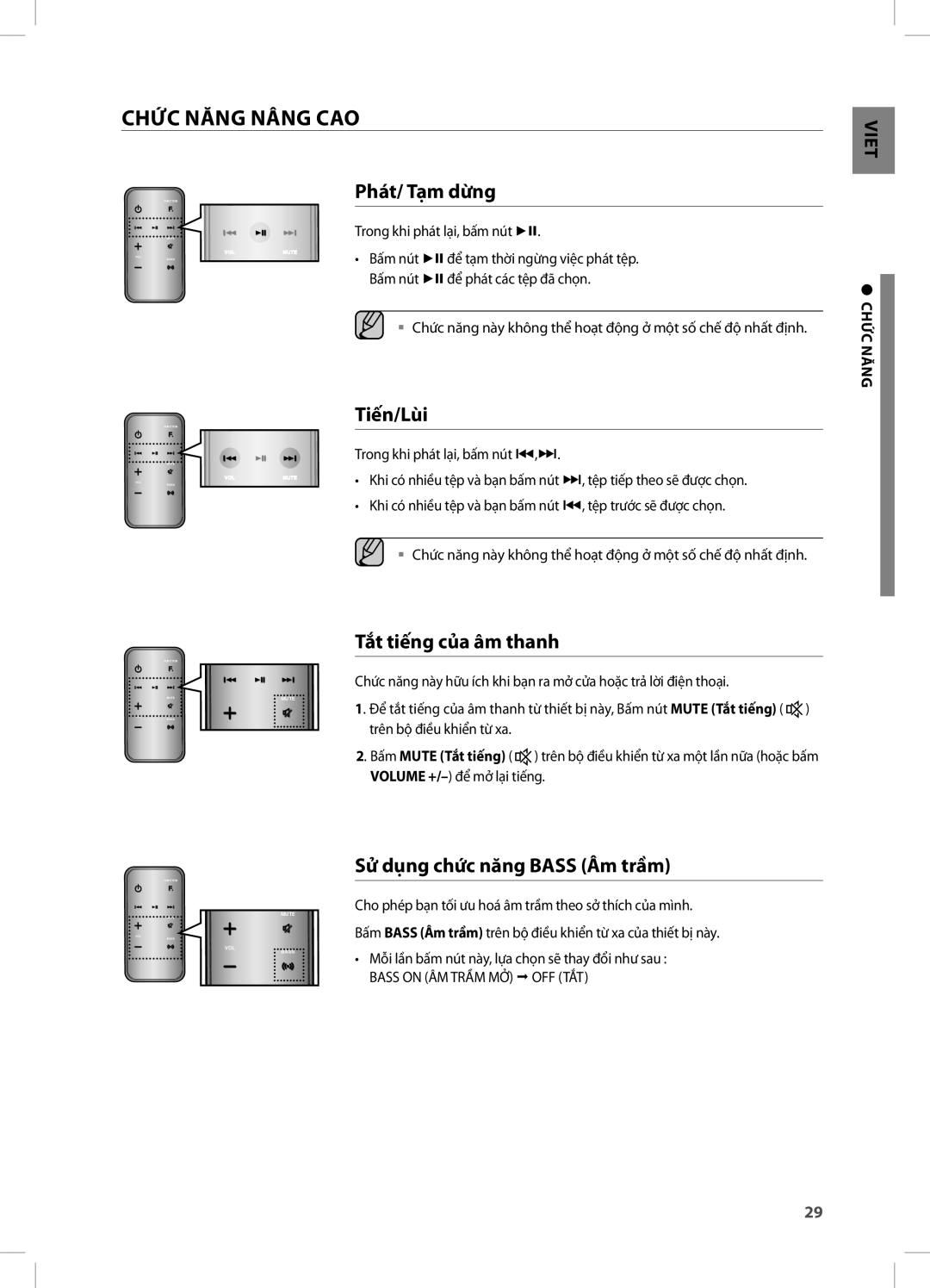 Samsung DA-E750/XV manual CHỨC Năng Nâng CAO, Tiến/Lùi, Tắt tiếng của âm thanh, Sử dụng chức năng Bass Âm trầm 