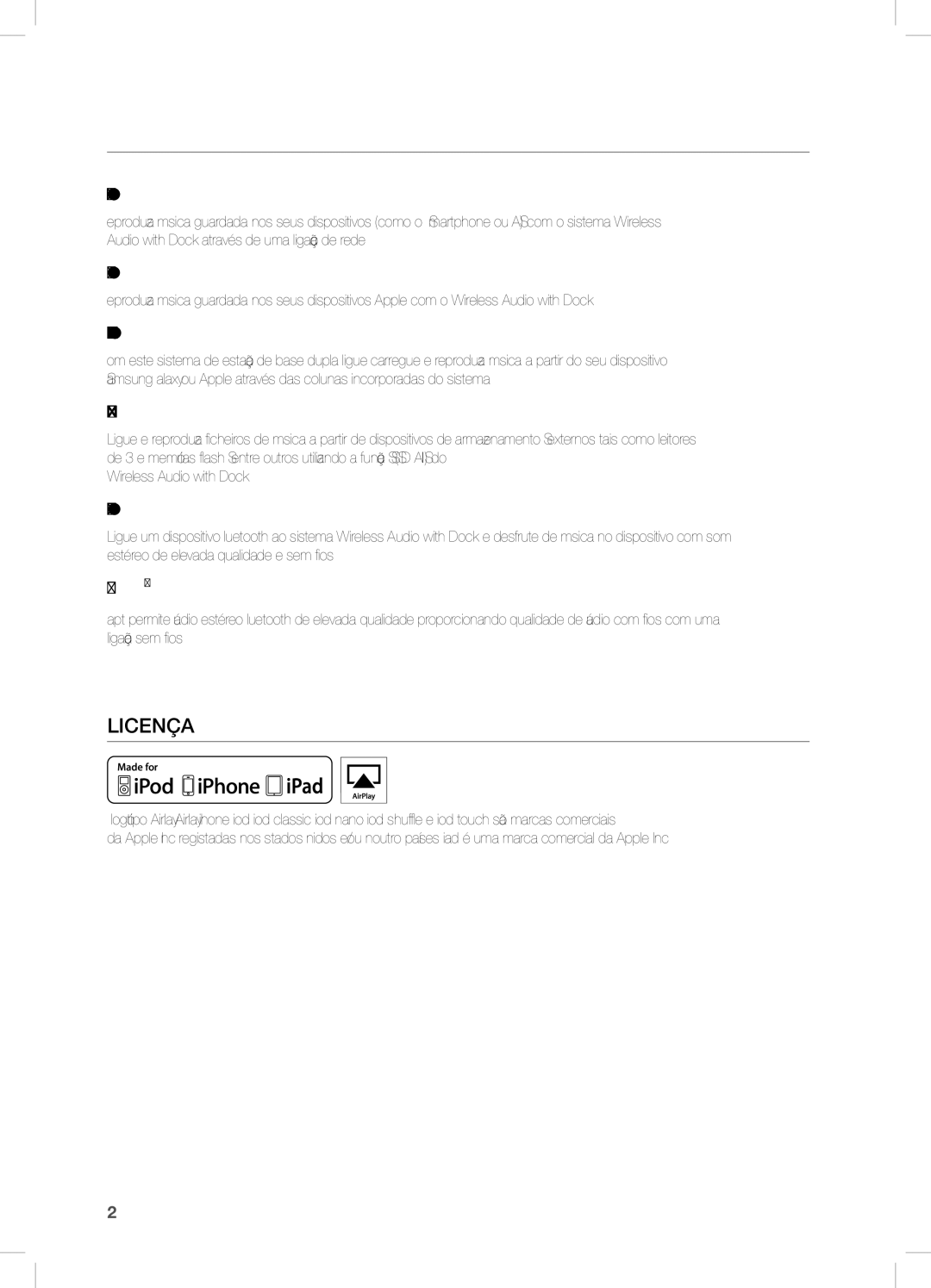 Samsung DA-E750/ZF manual Funcionalidades, Licença, Sistema de colunas Dual Docking Audio, Suporte de Anfitrião USB 