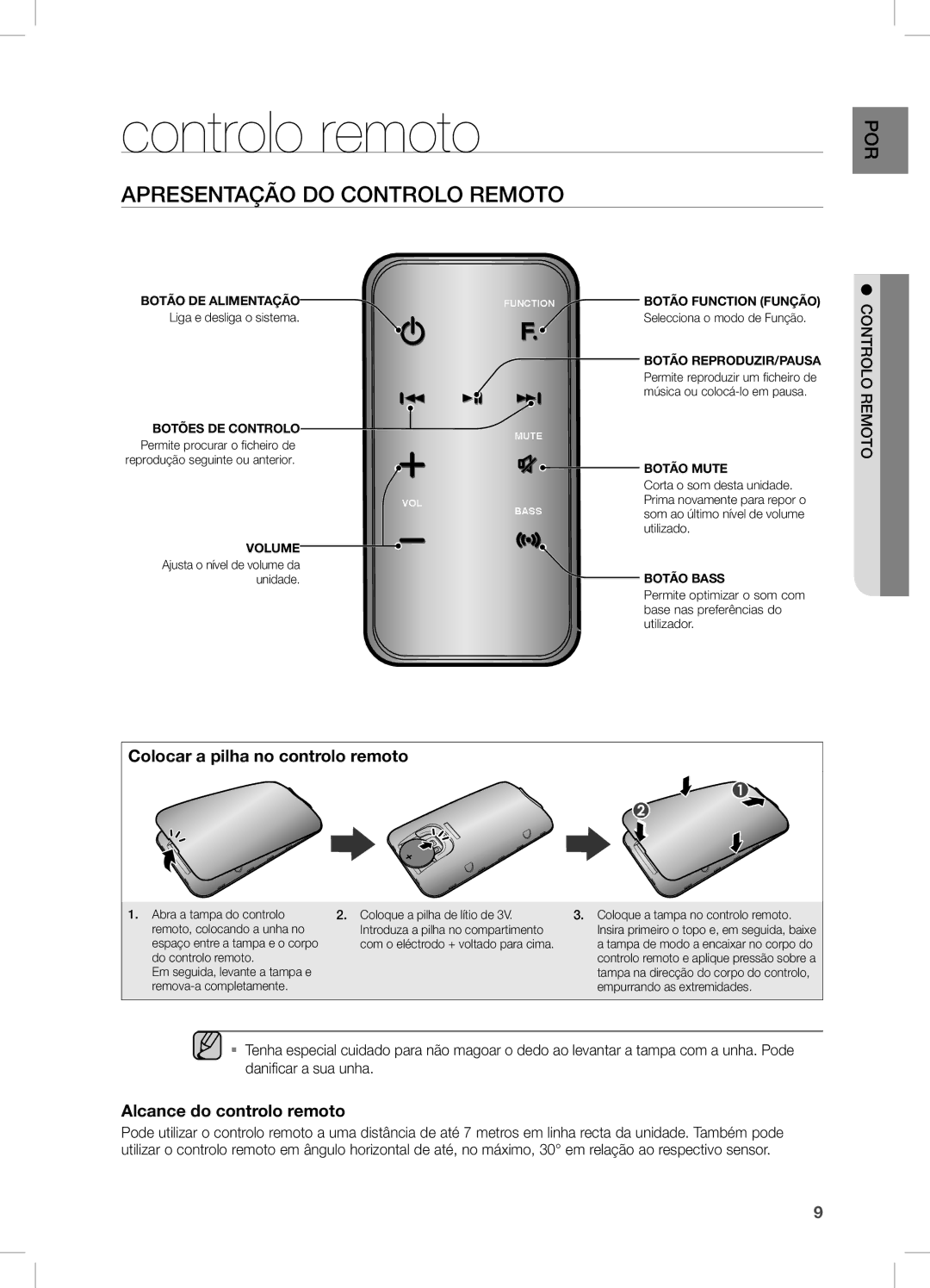 Samsung DA-E750/ZF manual Controlo remoto, Apresentação do Controlo Remoto, Colocar a pilha no controlo remoto 