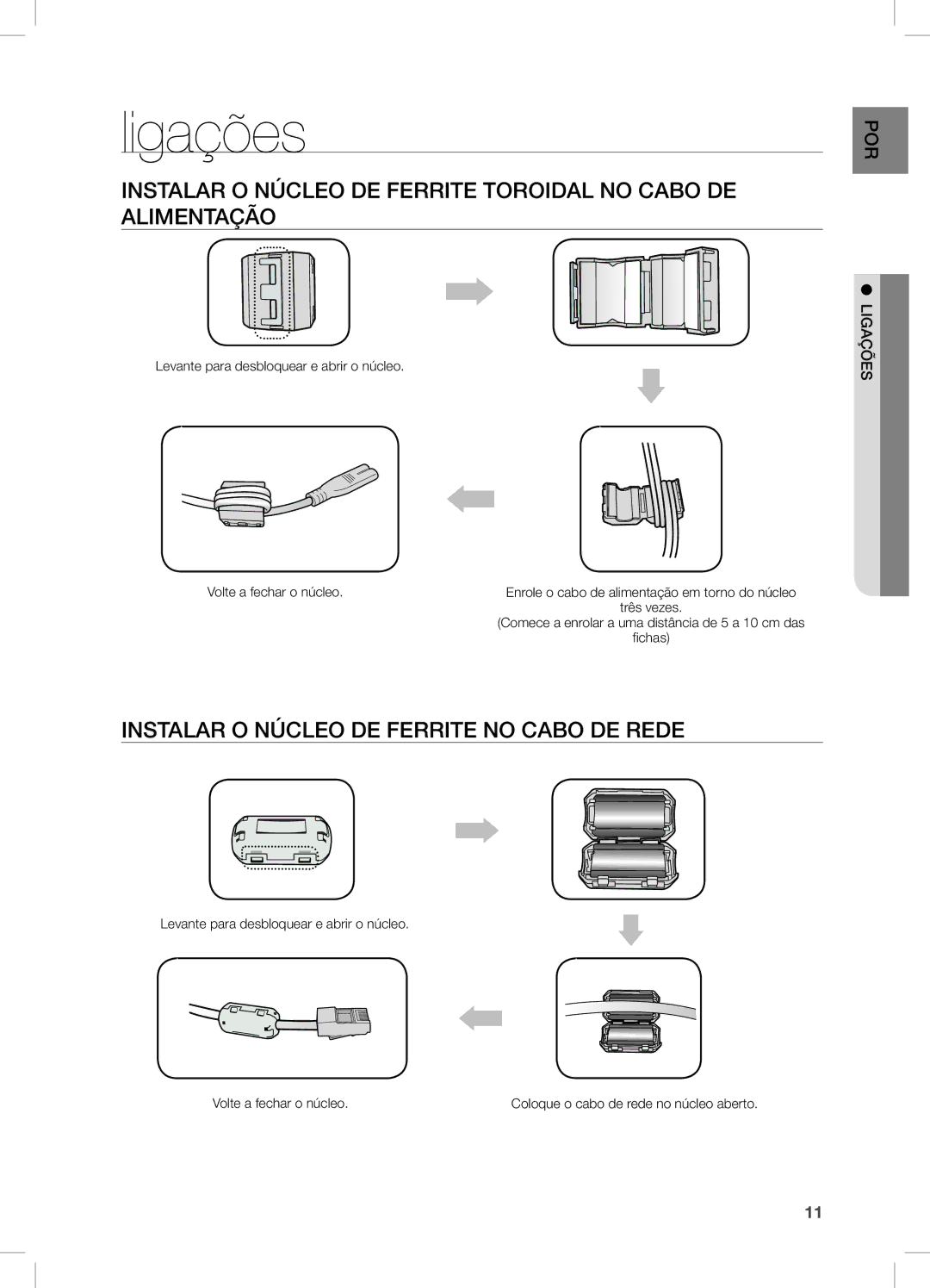 Samsung DA-E750/ZF manual Ligações, InSTaLaR O nÚcLeO De FeRRiTe nO caBO De ReDe, LiGaçõeS 