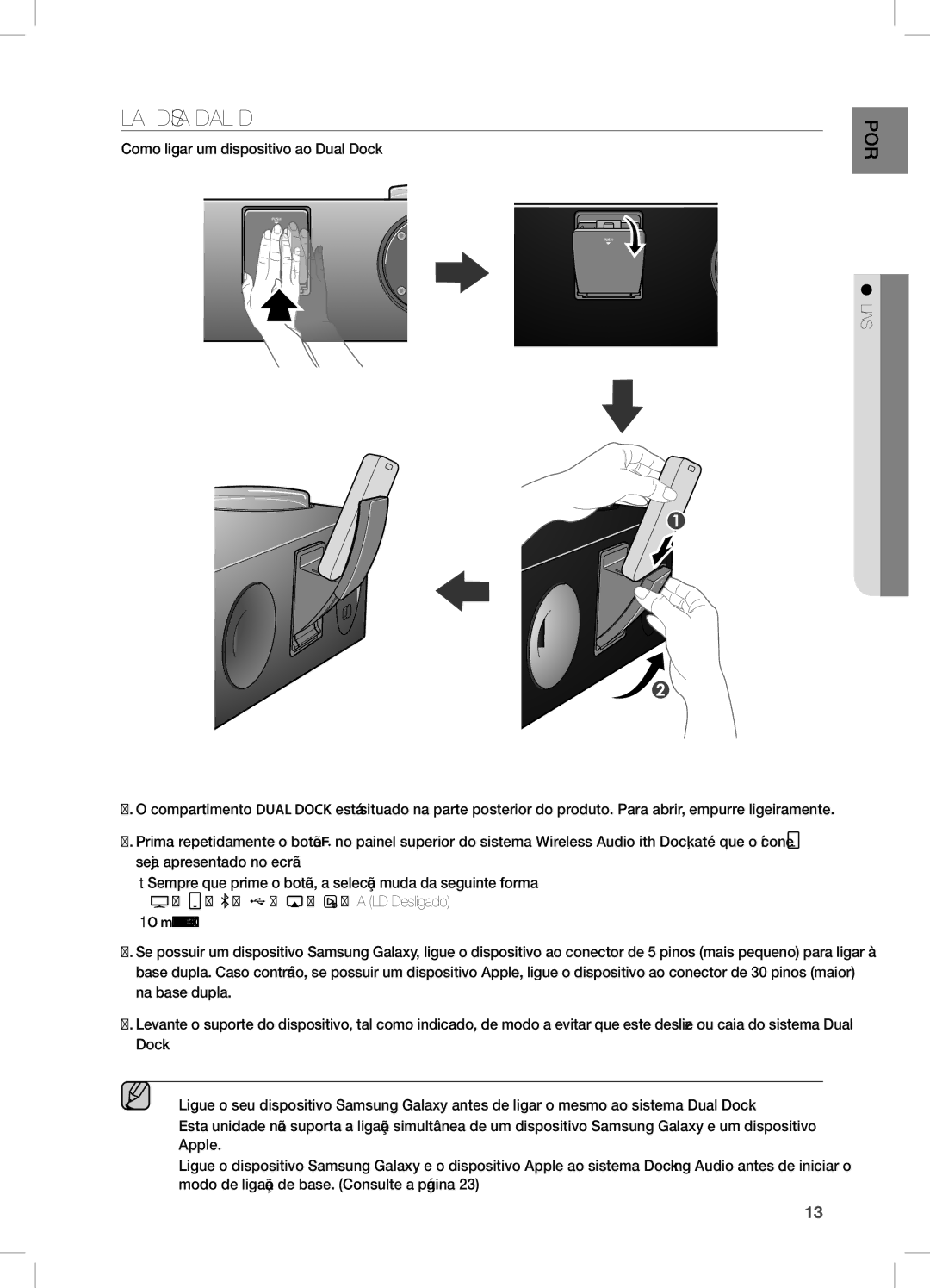 Samsung DA-E750/ZF manual LiGaR UM DiSPOSiTiVO aO DUaL DOcK, Como ligar um dispositivo ao Dual Dock 