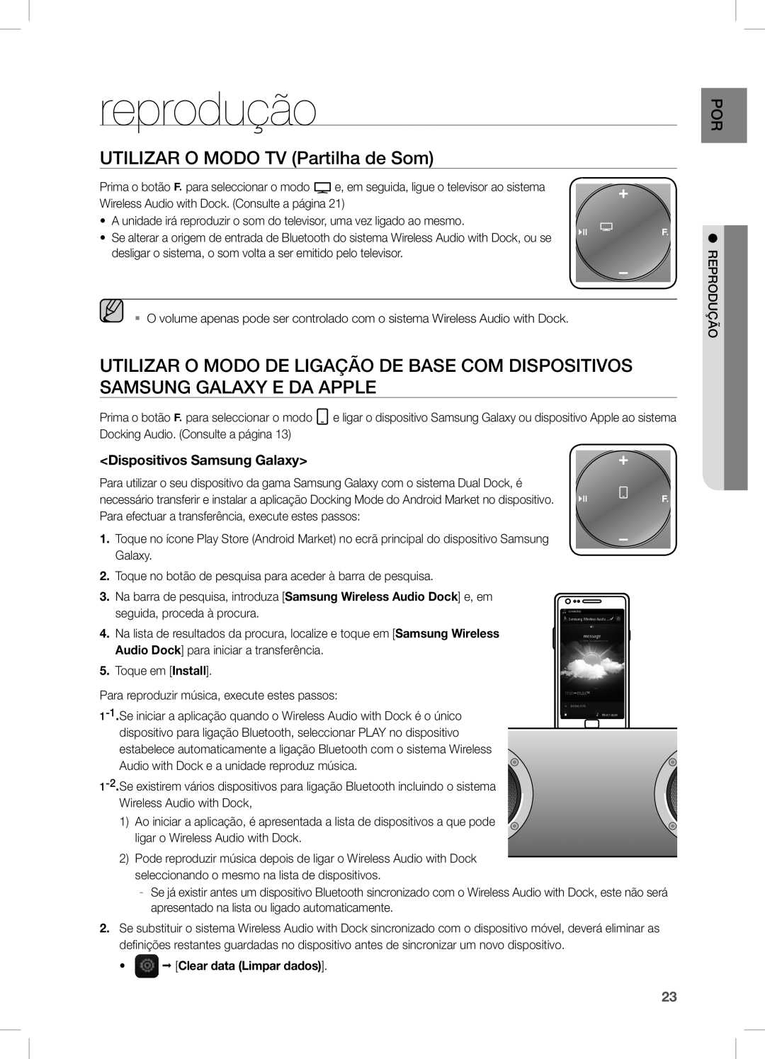 Samsung DA-E750/ZF manual Reprodução, UTiLiZaR O Modo TV Partilha de Som, Clear data limpar dados, RePRODUçÃO 