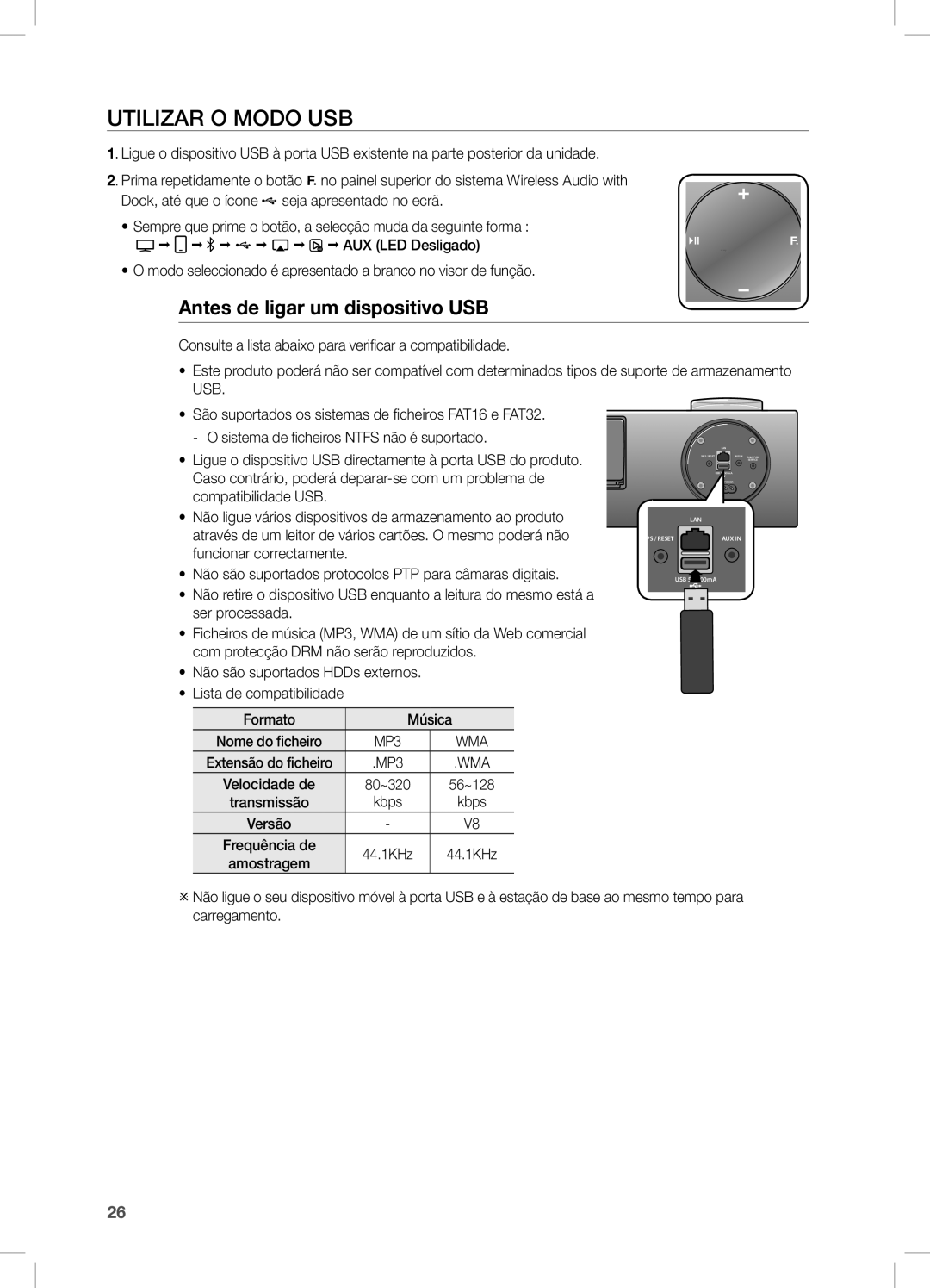 Samsung DA-E750/ZF manual UTiLiZaR O Modo USB, Antes de ligar um dispositivo USB 