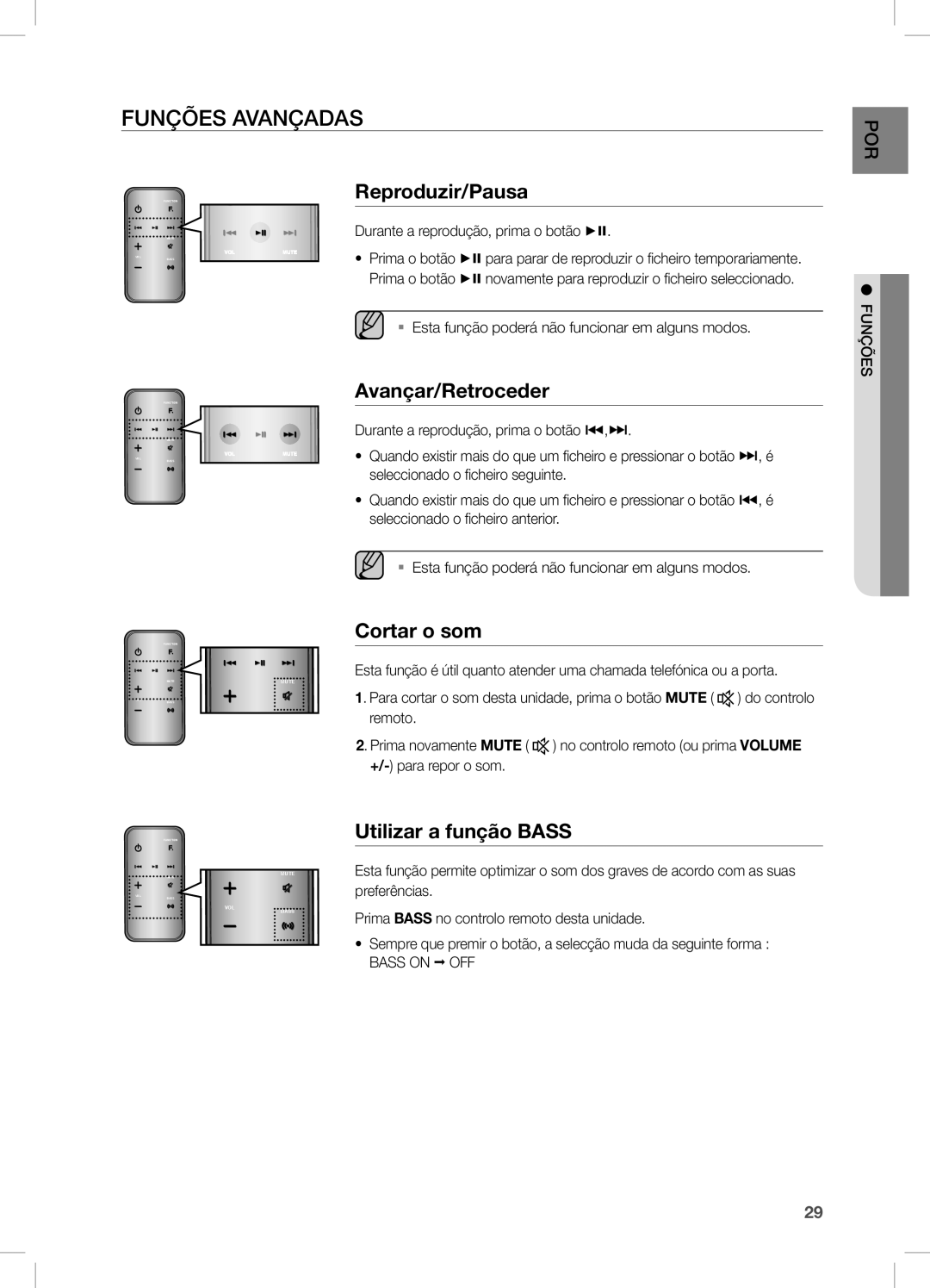 Samsung DA-E750/ZF manual Funções Avançadas, Reproduzir/Pausa, Avançar/Retroceder, Cortar o som, Utilizar a função Bass 