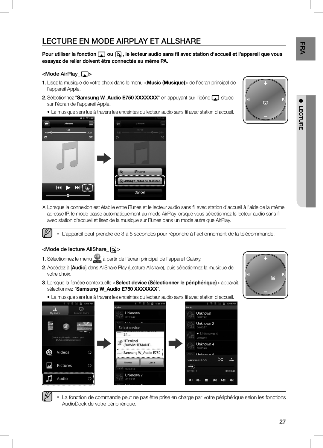 Samsung DA-E750/ZF manual LecTURe en MODe AiRPLAY eT ALLSHARe, AudioDock de votre périphérique 