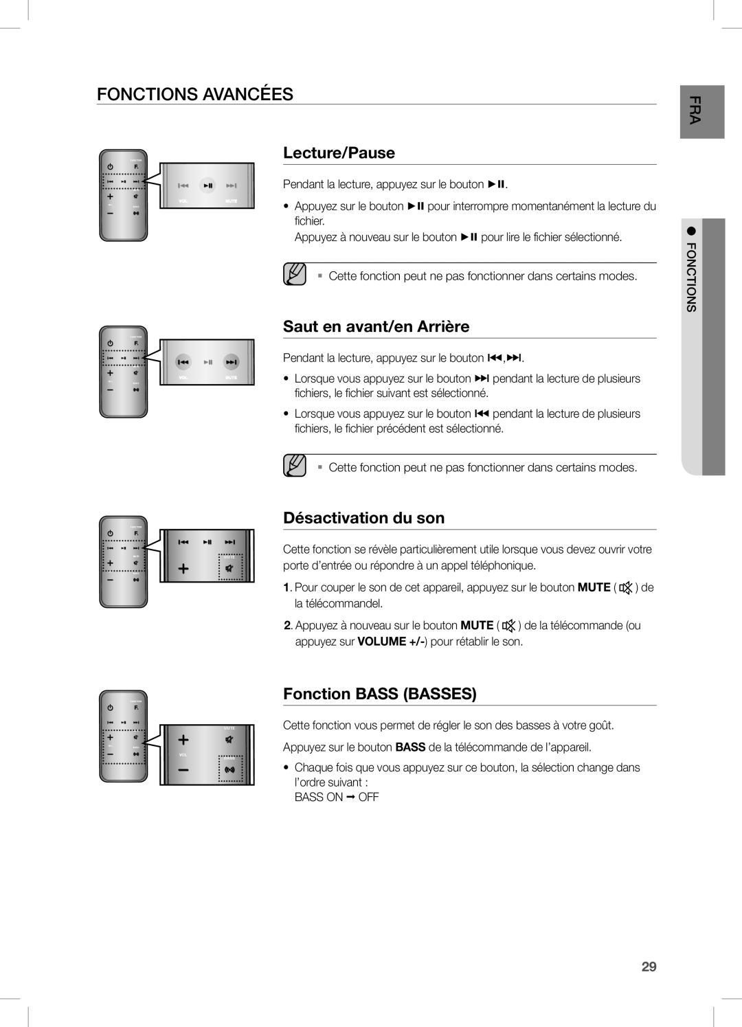 Samsung DA-E750/ZF manual Fonctions Avancées, Saut en avant/en Arrière, Désactivation du son, Fonction Bass Basses 