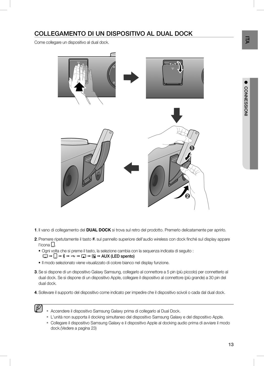 Samsung DA-E750/ZF manual COLLeGaMenTO Di Un DiSPOSiTiVO aL DUaL DOcK, Come collegare un dispositivo al dual dock 