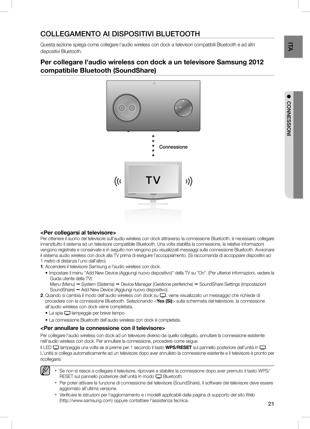 Samsung DA-E750/ZF manual COLLeGaMenTO ai DiSPOSiTiVi BLUeTOOTH, Per collegarsi al televisore, Connessione 