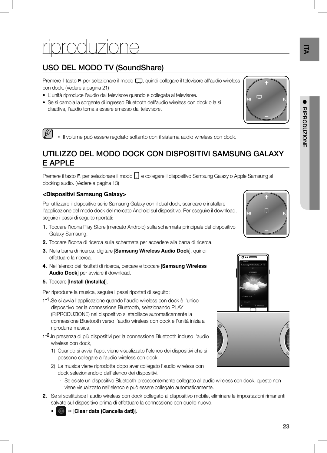 Samsung DA-E750/ZF manual Riproduzione, USO DeL Modo TV SoundShare, Dispositivi Samsung Galaxy, Toccare Install Installa 