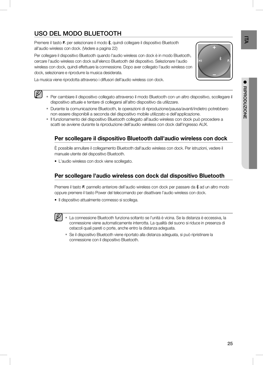 Samsung DA-E750/ZF manual USO DEL Modo Bluetooth, Il dispositivo attualmente connesso si scollega 