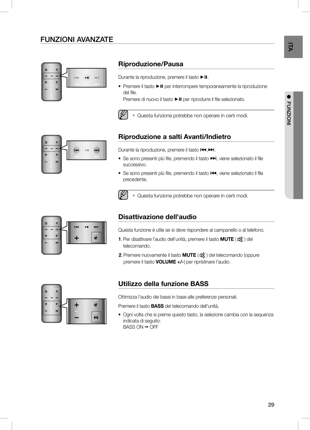 Samsung DA-E750/ZF Funzioni Avanzate, Riproduzione/Pausa, Riproduzione a salti Avanti/Indietro, Disattivazione dellaudio 