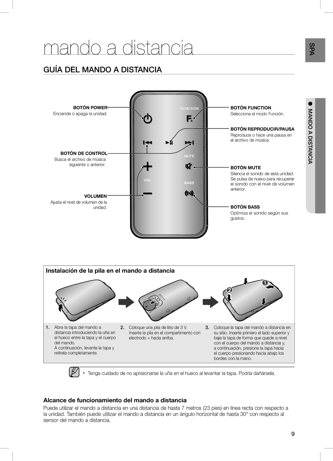 Samsung DA-E750/ZF manual Mando a distancia, Guía DEL Mando a Distancia, Instalación de la pila en el mando a distancia 