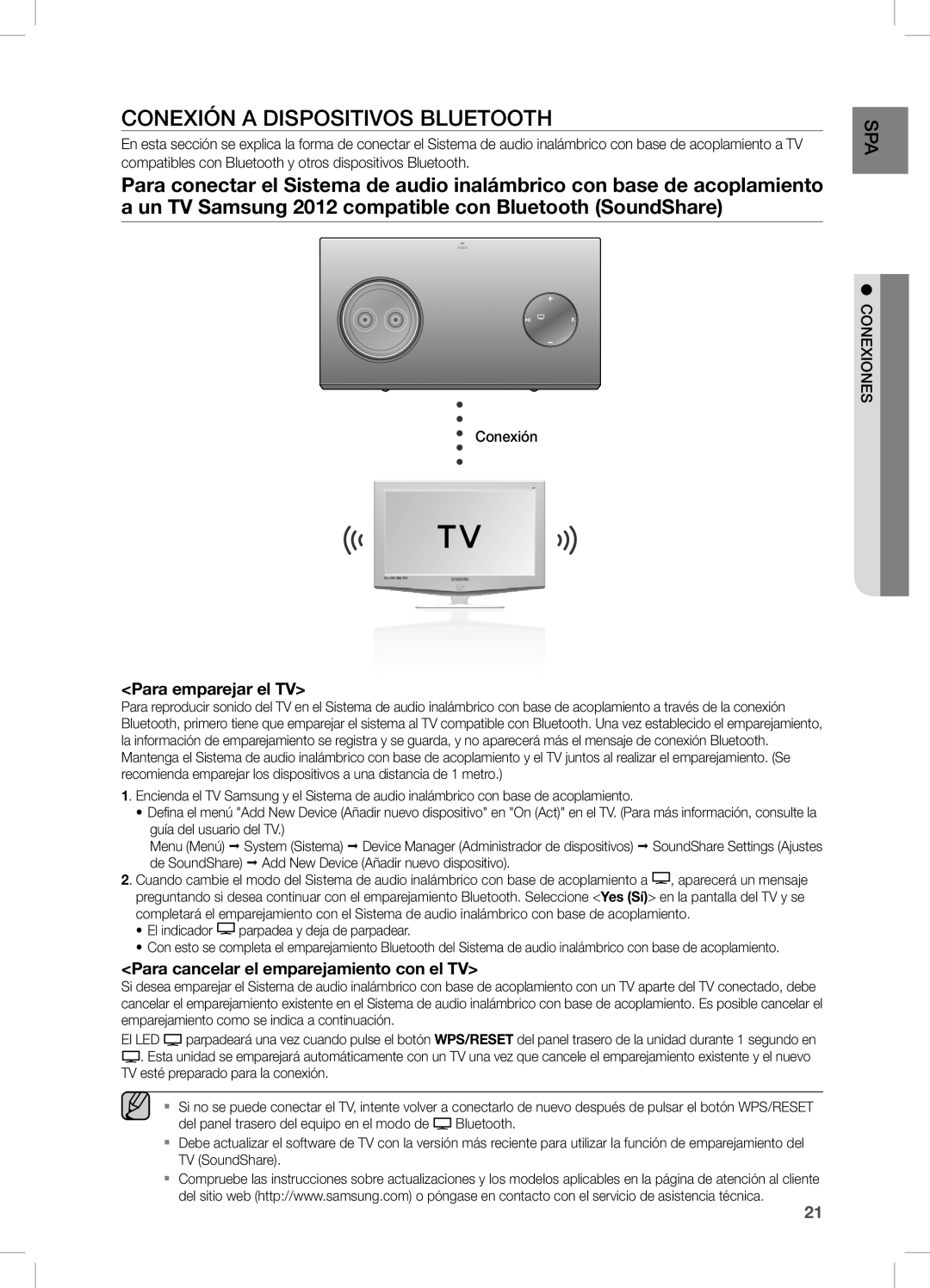 Samsung DA-E750/ZF COneXiÓn a DiSPOSiTiVOS BLUeTOOTH, Para emparejar el TV, Para cancelar el emparejamiento con el TV 