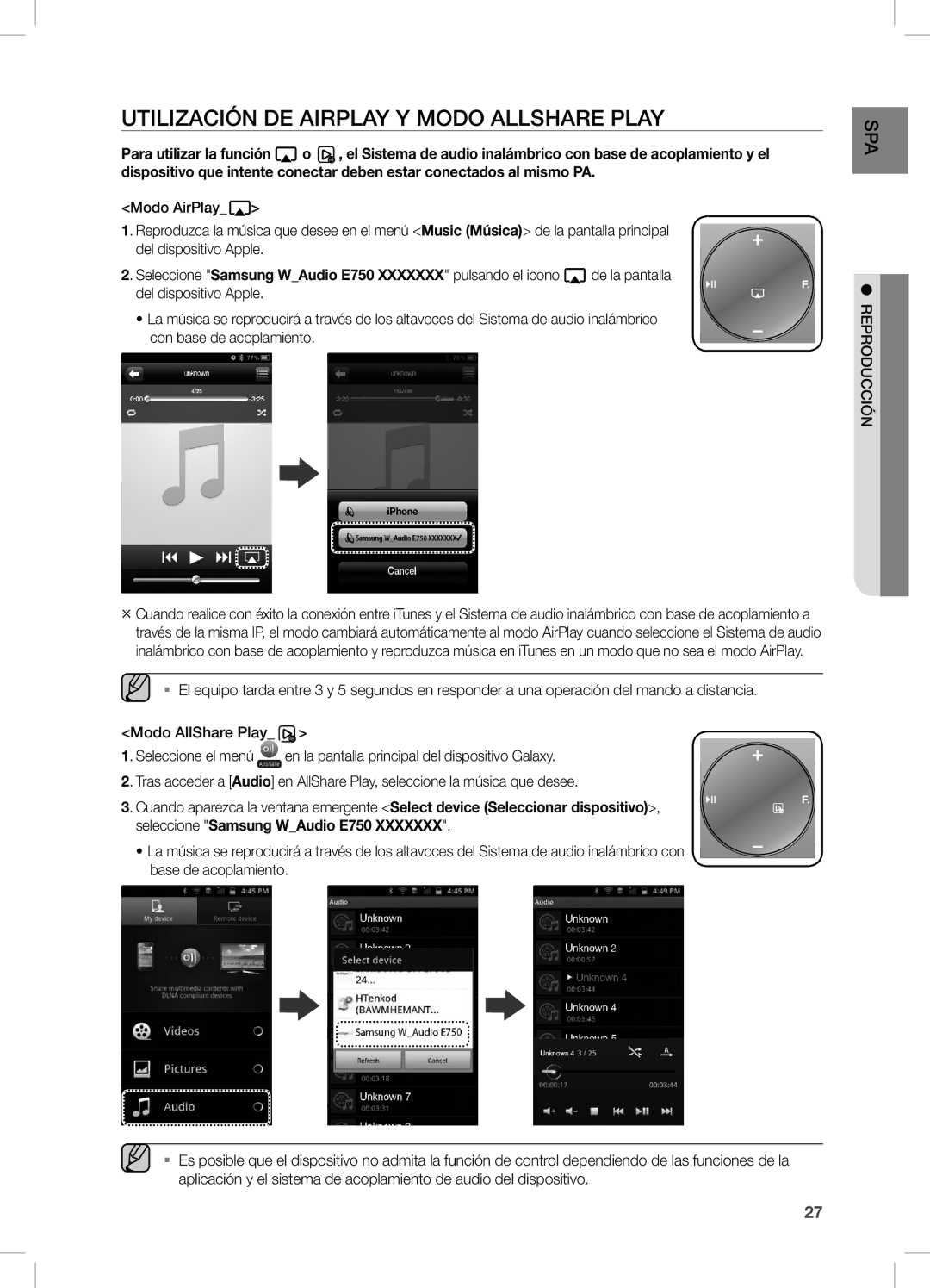 Samsung DA-E750/ZF manual UTiLiZaciÓn De aiRPLaY Y Modo aLLSHaRe PLaY, RePRODUcciÓn 